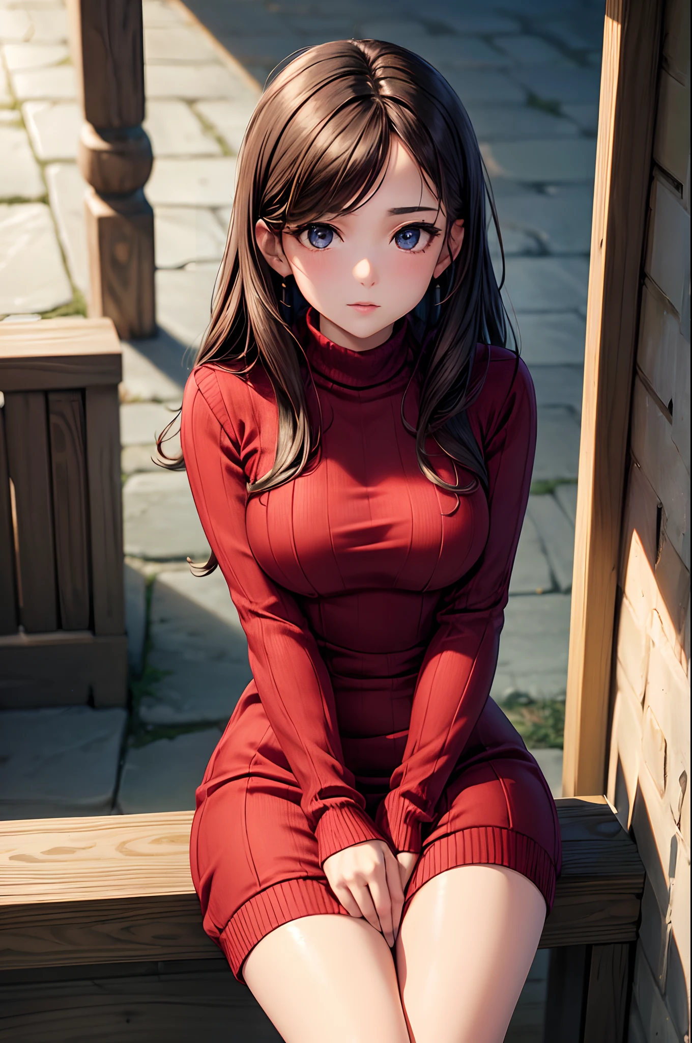 sksbrooke person, sksbrooke, (masterpiece:1.2), (best quality:1.2), perfect eyes, perfect face, 1girl, solo, brown eyes, (medium breasts), perky breasts, seductive look, red sexy virgin killer sweater dress, porch, leaning foreward, hands on knees
