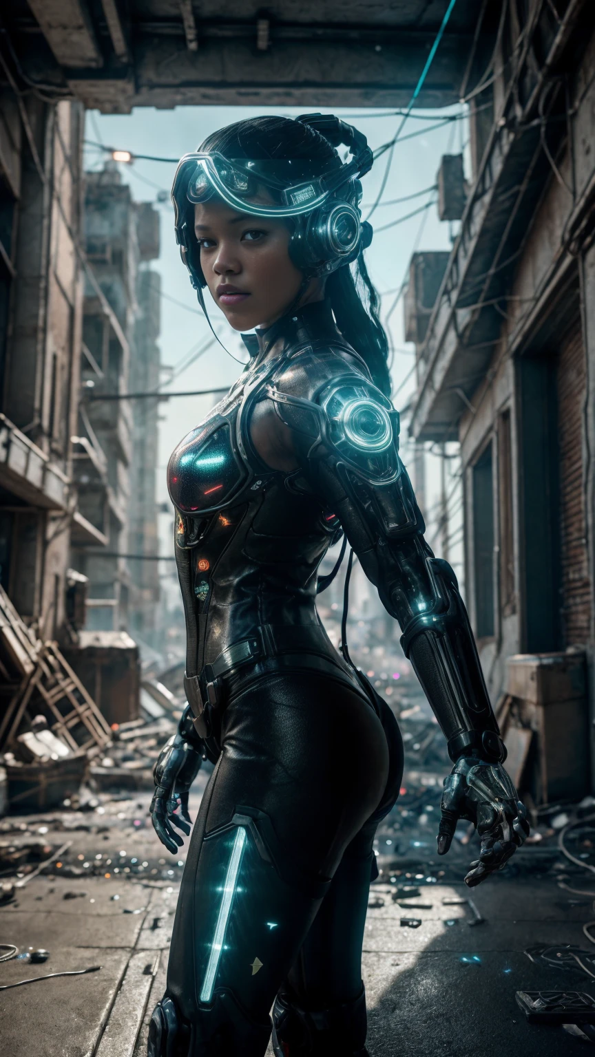 jenna ortega, ((best quality)), ((masterpiece)), ((realistic)), (detailed), (photorealistic:1.5), a futuristic girl, (thick body), (white bodysuit), lights on armor, cybernetic headwear, looking at viewer, dynamic pose, post apocalyptic, destroyed city background, buildings on fire, science fiction, hdr, ray tracing, nvidia rtx, super-resolution, unreal 5, subsurface scattering, pbr texturing, post-processing, anisotropic filtering, depth of field, maximum clarity and sharpness, rule of thirds, 8k raw, (luminescent particles:1.4), (extremely detailed cg, unity 8k wallpaper, 3d, cinematic lighting, lens flare), reflections, sharp focus, cyberpunk art, cyberpunk architecture,
