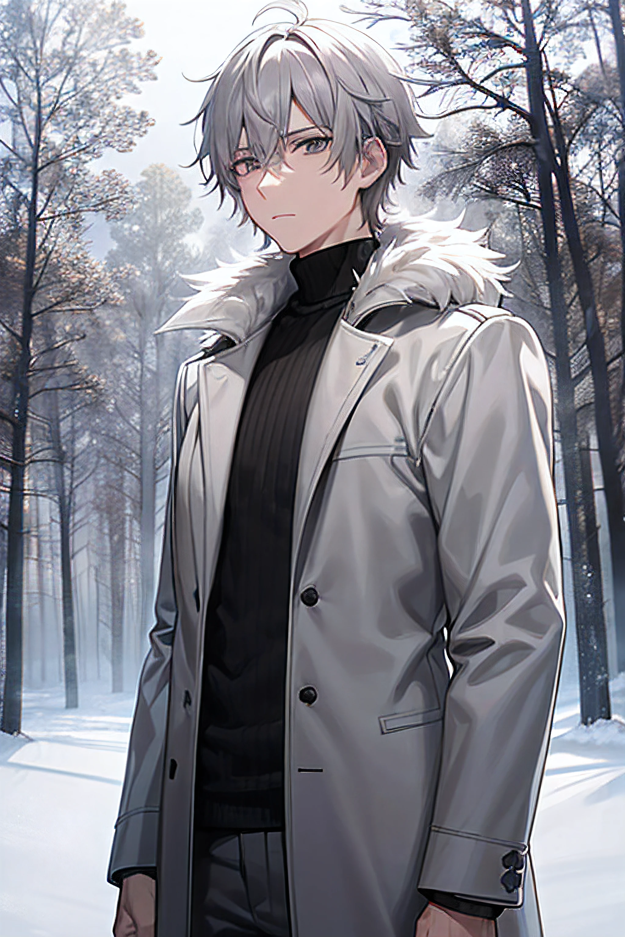 all male, mature, fair skin, light grey eyes, short wavy grey hair, cold emotionless expression, forest, outdoors, cloudy sky, winter fur overcoat with mysterious dark colors, semi turtle neck t shirt, anime art style