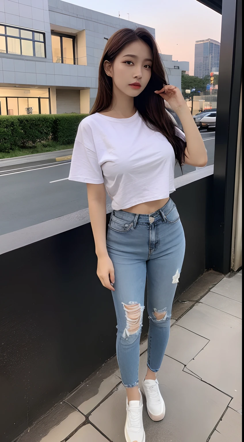 ((Midnight, Acura, 8K, Masterpiece: 1.3)), Full body, Long legs, Focal length: 1.2, Perfect Body Beauty: 1.4, Slim Abs: 1.1, ((Dark Brown Hair, Big Breasts: 1.2 )), (White Skinny T-shirt, Denim Biggies, Standing: 1.2), ((City Night View, Roof: 1.3)), Highly detailed face and skin texture, Detailed eyes, Double eyelids, Half
