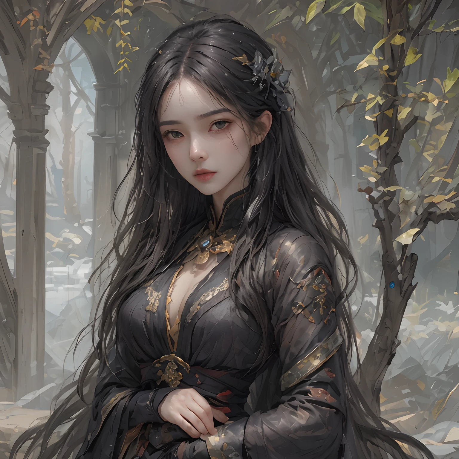 A girl standing in a garden, beautiful detailed eyes, beautiful detailed lips, extremely detailed eyes and face, long eyelashes, oil painting, vibrant colors, surreal atmosphere, mystical aura, ethereal lighting, best quality, high resolution, ultra-detailed, dark fantasy, divine goddess, fierce expression, flowing black hair, vibrant flowers, intricate patterns, fierce warrior, fierce pose, supernatural powers, intense gaze, sacred symbols, powerful energy, majestic backdrop, intense emotions, dramatic composition, hauntingly beautiful, divine beauty, captivating masterpiece.