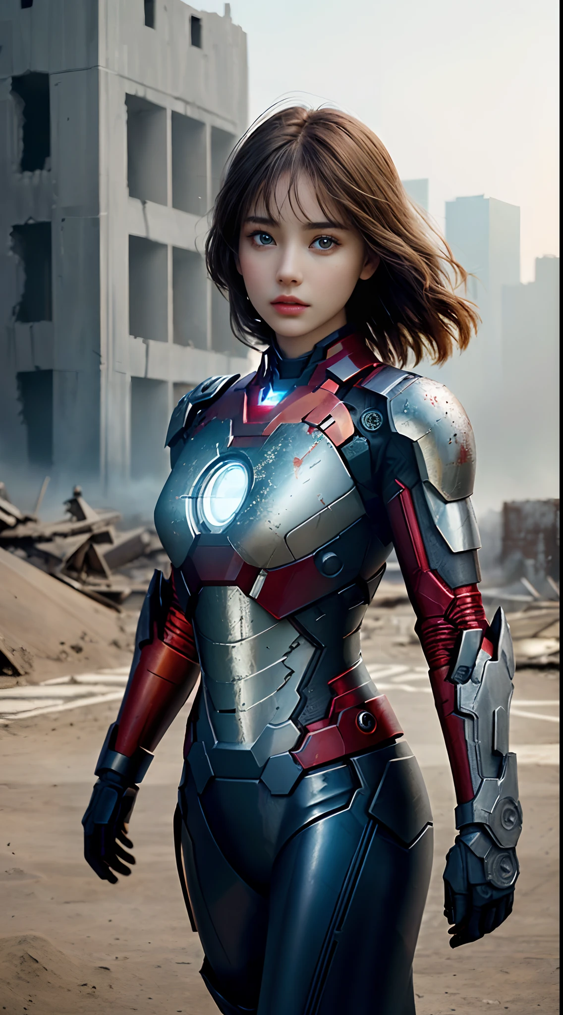 (1girl:1.3), Solo, (((Very detailed face)))), ((Very detailed eyes and face)))), Beautiful detail eyes, Body parts__, Official art, Unified 8k wallpaper, Super detailed, beautiful and beautiful, beautiful, masterpiece, best quality, original, masterpiece, super fine photo, best quality, super high resolution, realistic realism, sunlight, full body portrait, amazing beauty, dynamic pose, delicate face, vibrant eyes, (from the front), She wears an Iron Man suit, red and black color scheme, war armor, very detailed war ruins background, detailed face, detailed complex busy background, messy, gorgeous, milky white, highly detailed skin, realistic skin details, visible pores, clear focus, volumetric fog, 8k uhd, DSLR, high quality, film grain, fair skin, photo realism, lomography, futuristic dystopian megalopolis, seen from below, translucent