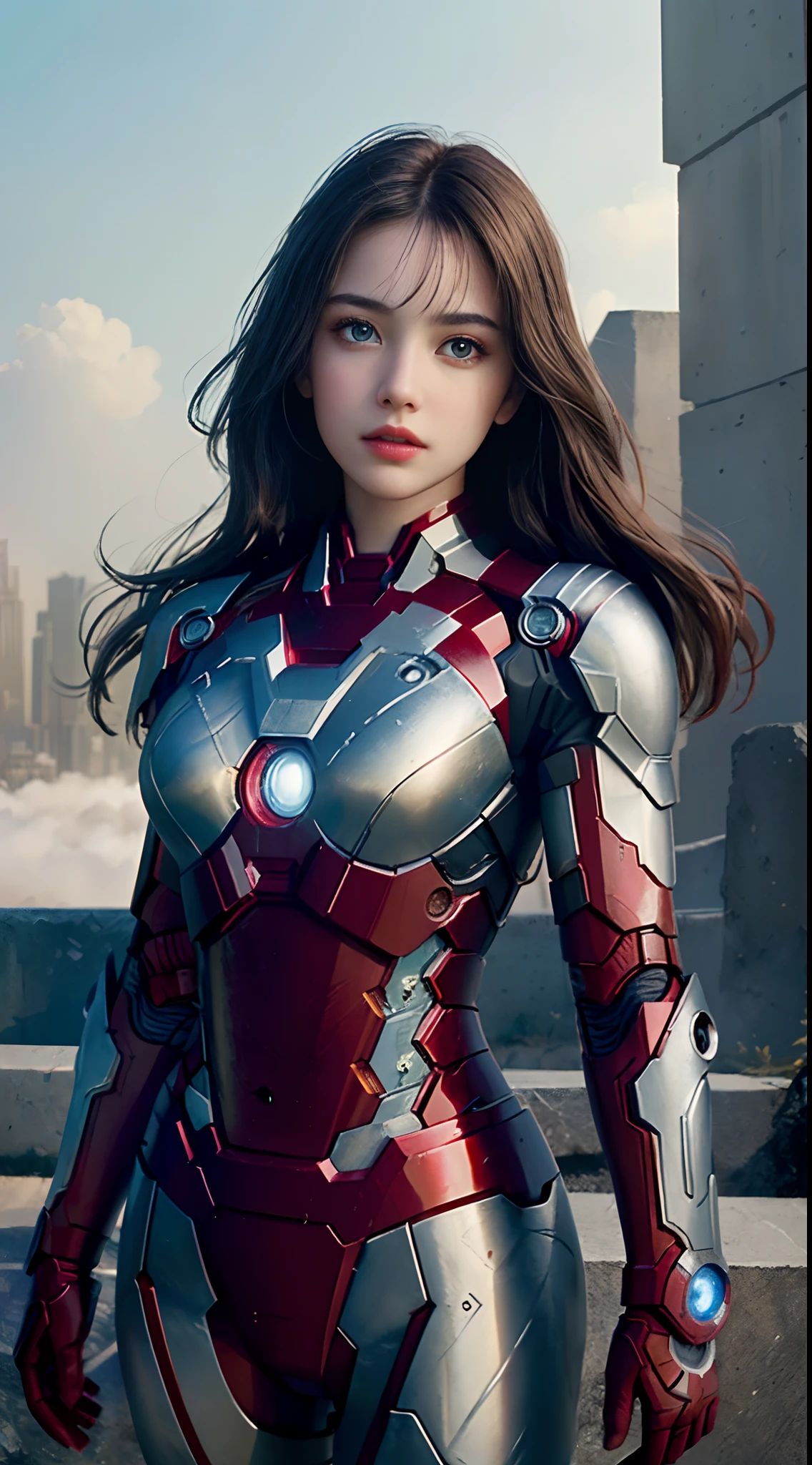 (1girl:1.3), Solo, (((Very detailed face)))), ((Very detailed eyes and face)))), Beautiful detail eyes, Body parts__, Official art, Unified 8k wallpaper, Super detailed, beautiful and beautiful, beautiful, masterpiece, best quality, original, masterpiece, super fine photo, best quality, super high resolution, realistic realism, sunlight, full body portrait, amazing beauty, dynamic pose, delicate face, vibrant eyes, (from the front), She wears an Iron Man suit, red and black color scheme, war armor, very detailed war ruins background, detailed face, detailed complex busy background, messy, gorgeous, milky white, highly detailed skin, realistic skin details, visible pores, clear focus, volumetric fog, 8k uhd, DSLR, high quality, film grain, fair skin, photo realism, lomography, futuristic dystopian megalopolis, seen from below, translucent