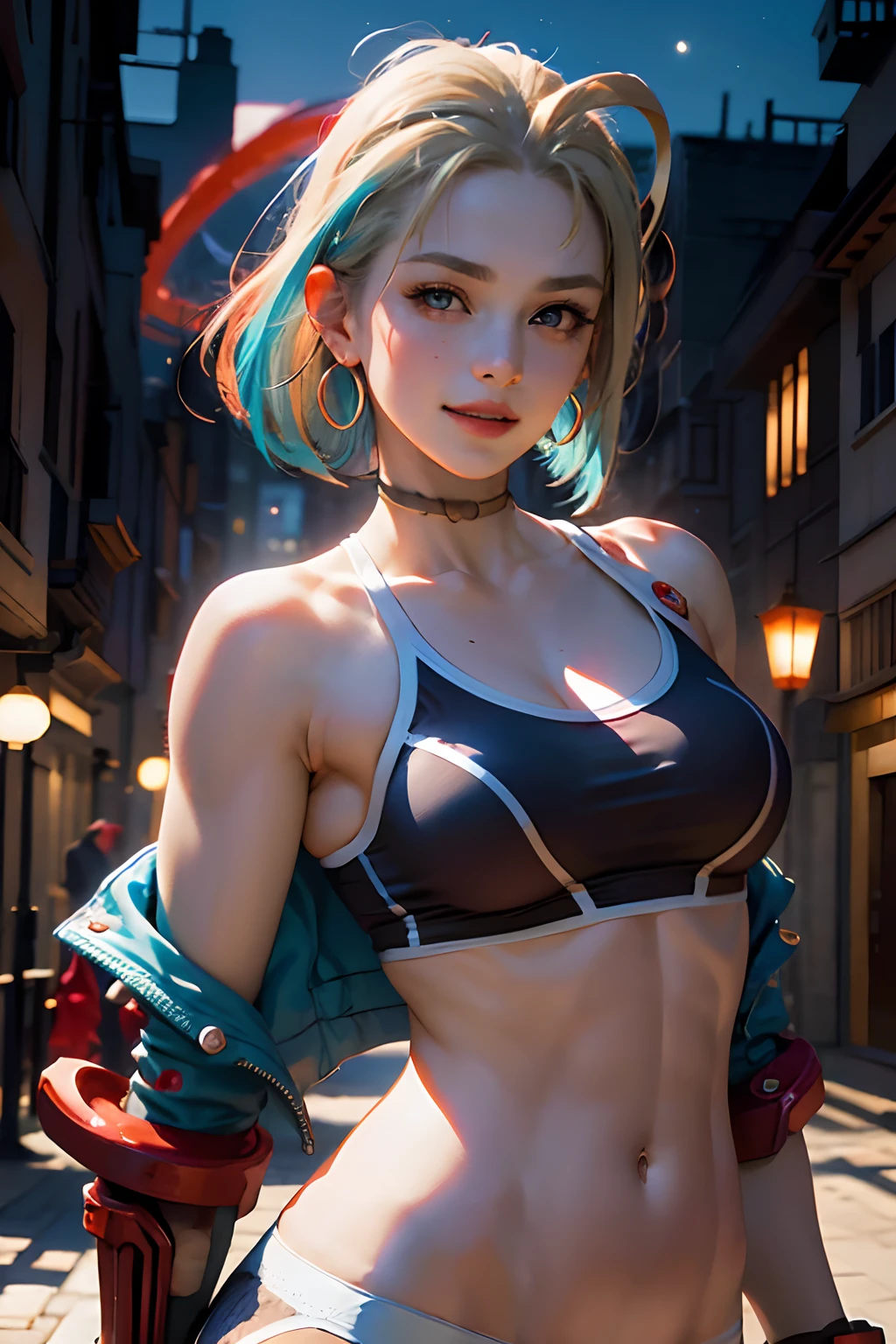 ultra realistic 8k cg, masterpiece, ((ultra detailed background, delicate pattern, intricate detail)), (highly detailed, fine details), best quality, (photorealistic:1.4),beautiful lighting, absurdres, RAW photo, film grain, ((Big breasts, Masculine girl)), Yamato, long hair, 1girl, horns, white hair, solo, oni, red horns, curled horns, hair ornament, (multicolored horns), jewelry, earrings, japanese clothes, kimono, hair stick, sleeveless, bare shoulders, aqua hair, sidelocks, hoop earrings, hakama, smile, wide smile, ((orange eyes, Masculine girl, Big breasts)), (complex detailed background, barren land, moon, portrait, close-up),