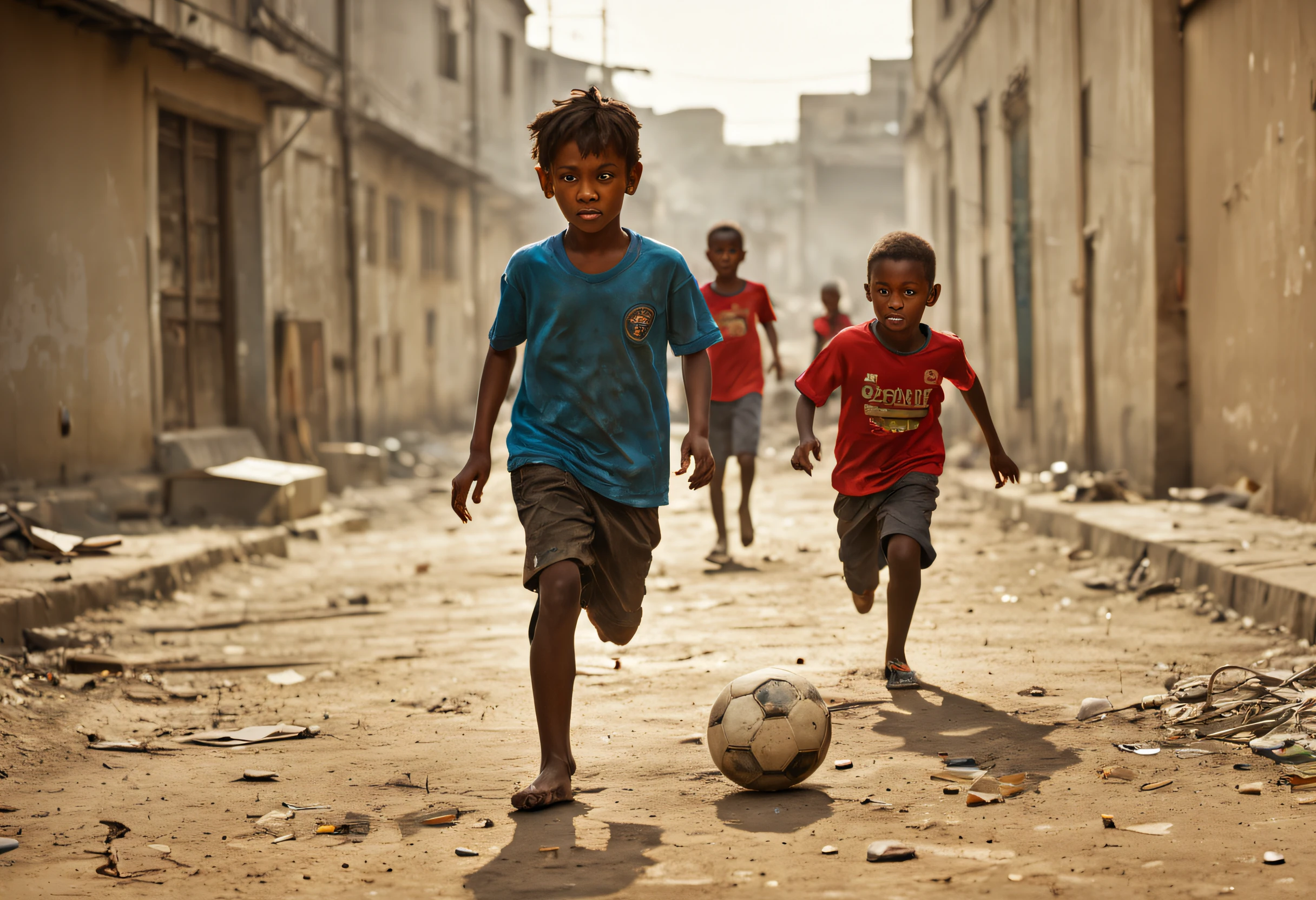 (best quality, 4k, 8k, high resolution, masterpiece: 1.2), ultra detailed, (realistic, photorealistic, photorealistic: 1.37), professional best quality, ultra detailed, realistic photography of some (poor children playing football in a large unpaved lot street: 1.32), dirty paved ground, ruined buildings in the background, dust floating in the air, vibrant colors, blurred motion, poverty, struggle, hope, life on the street. ,urban environment, sun, intense light, walls covered in graffiti, faded paint, cracks in the floor, broken glass, slight noise of passing cars, children's laughter, (improvised goal made of stones and bags: 1.32), ball of faded football, old and torn clothes, barefoot, smiles on their faces, street vendors selling snacks in the distance, lively atmosphere, vivid texture, urban decay, scattered abandoned toys, transparent shadows, energetic movements, effort and determination, community unity, passionate game, award-winning image.