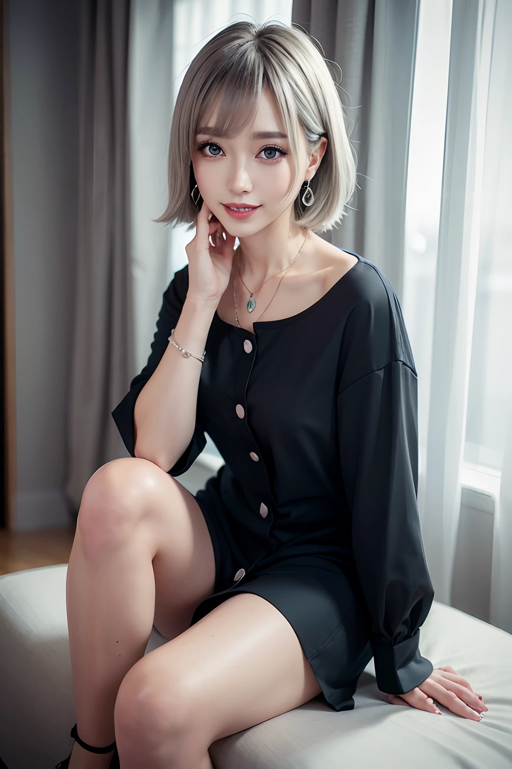 Masterpiece, 8K, award-winning photos, photorealistic, realistic, ultra detailed, ultra high definition, ray tracung,
__
shiny skin , detailed skin , detailed face , detailed eyes , the most beautiful, 22 years old ,(sexy,Japanese idol, gray hair, short hair), (wheat skin:1.2)
__
(droopy eyes:1.3) ,(Natural makeup),(smile:1.3),glistening teeth,
__
glowing blue eyes, shutting eyes,
__
BREAK (black theme:1.4), (tucked out and button-up oversized black collared-shirt dress with black shirt dress-hem:1.5), (long sleeves:1.2), ((collarbone, wrist):1.3),
BREAK (White theme:1.2), (White tight long-pants:1.2), (ankle:1.3), (high heels:1.2), ((necklace, earrings):1.2),
__
at a shopping mall, highly detailed background, , ultra-realistic textures, dramatic lighting ,raw photo, 1girl,