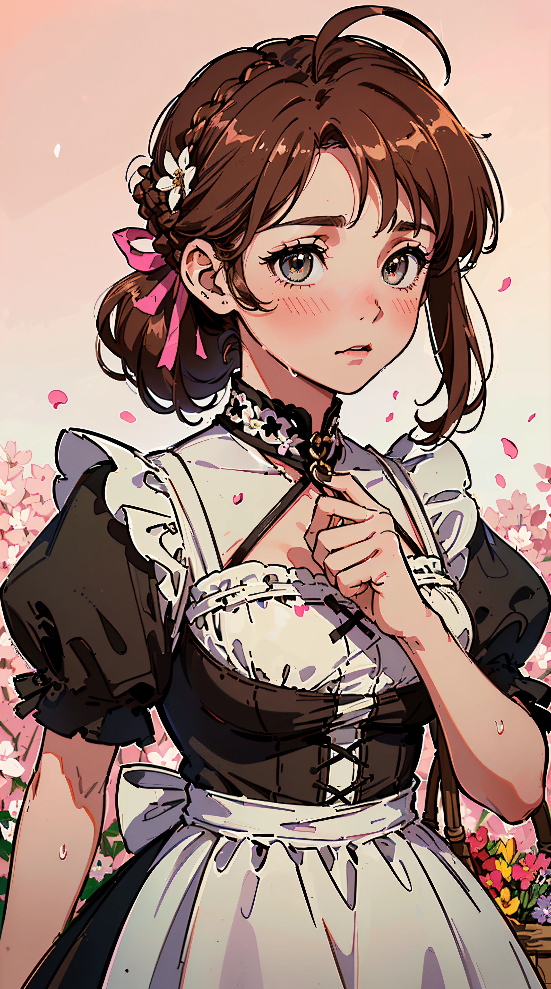 (((((((a large basket of flower,Blushing,cute cheeks,brown hair，gothic maid apron with flower))))))，((1girl,Solo,under-aged,11years old,short,Amazing,Cute Korean mixed-race girl，rosto magro,))(Masterpiece,Best quality, offcial art, Beautiful and aesthetic:1.2),((HD,Golden ratio,)) (16k),((sakura petals,snow pieces)),(Physically-based rendering),((((on a desert,at night,)))) (((highdetailskin,)))，((hair crown)),((((detailed hairs|middle hair|french braid|knot top|soaked hair|side ponytail|ahoge)))),Slender,thicc,(masterpiece sidelighting),(The sheen),(Beautiful hair,Beautiful eyes,）[[Delicate fingers and hands:0.55]::0.85],(Detail fingers),(((Superior quality,)))),((unbelievable Ridiculous quality,)),((extremely_Detailed_Eyes_and_face)),Movie girl,(Dynamic configuration: 1.2),Brilliant, (Photorealistic), ((pink ribbon on hair)),Ultra-precise depiction, Ultra-detailed depiction,Bauhaus