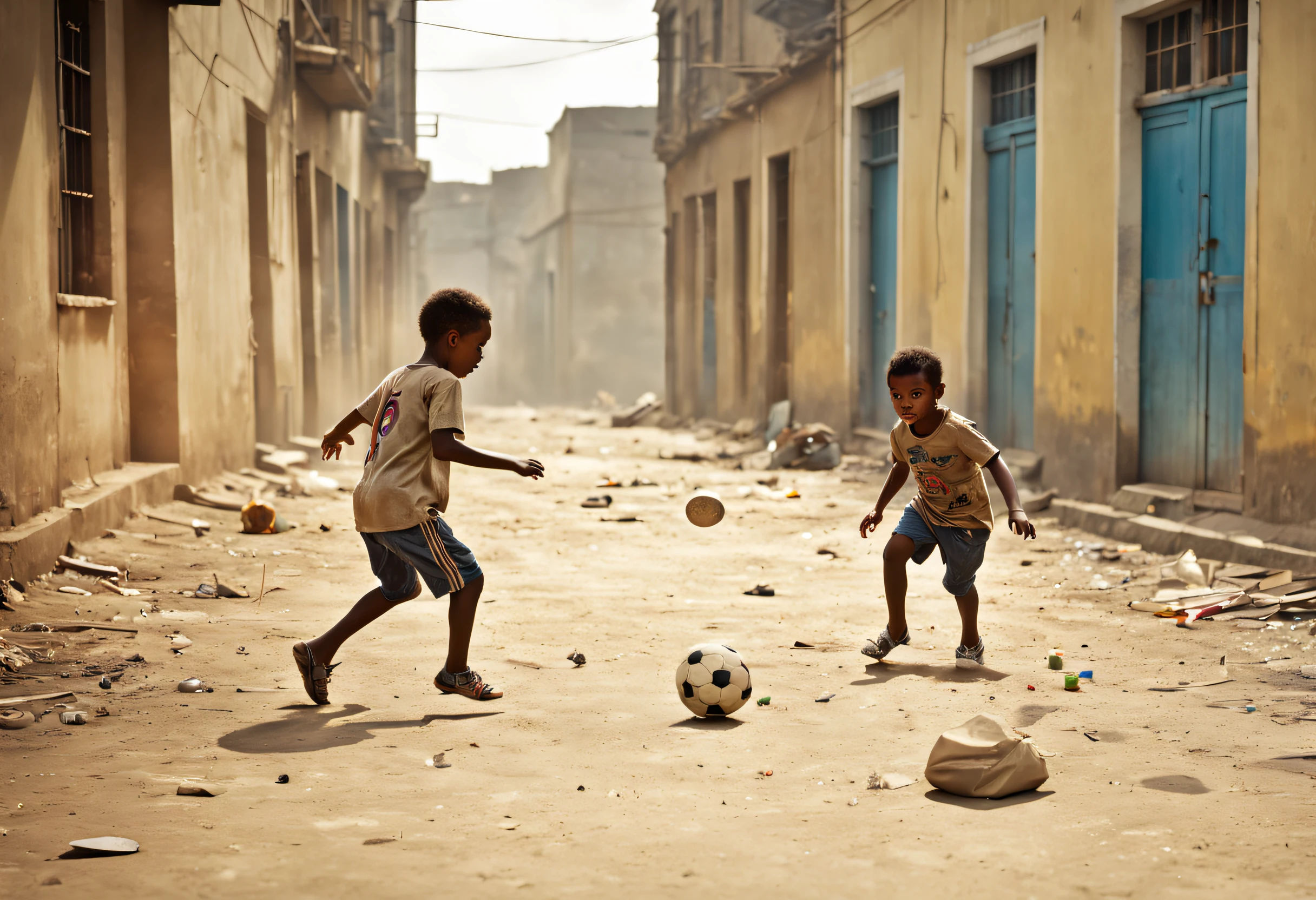 (best quality, 4k, 8k, high resolution, masterpiece: 1.2), ultra detailed, (realistic, photorealistic, photorealistic: 1.37), professional best quality, ultra detailed, realistic photography of some (poor children playing football in a large unpaved lot street: 1.32), dirty paved ground, ruined buildings in the background, dust floating in the air, vibrant colors, blurred motion, poverty, struggle, hope, life on the street. ,urban environment, sun, intense light, walls covered in graffiti, faded paint, cracks in the floor, broken glass, slight noise of passing cars, children's laughter, (improvised goal made of stones and bags: 1.32), ball of faded football, old and torn clothes, barefoot, smiles on their faces, street vendors selling snacks in the distance, lively atmosphere, vivid texture, urban decay, scattered abandoned toys, transparent shadows, energetic movements, effort and determination, community unity, passionate game, award-winning image.