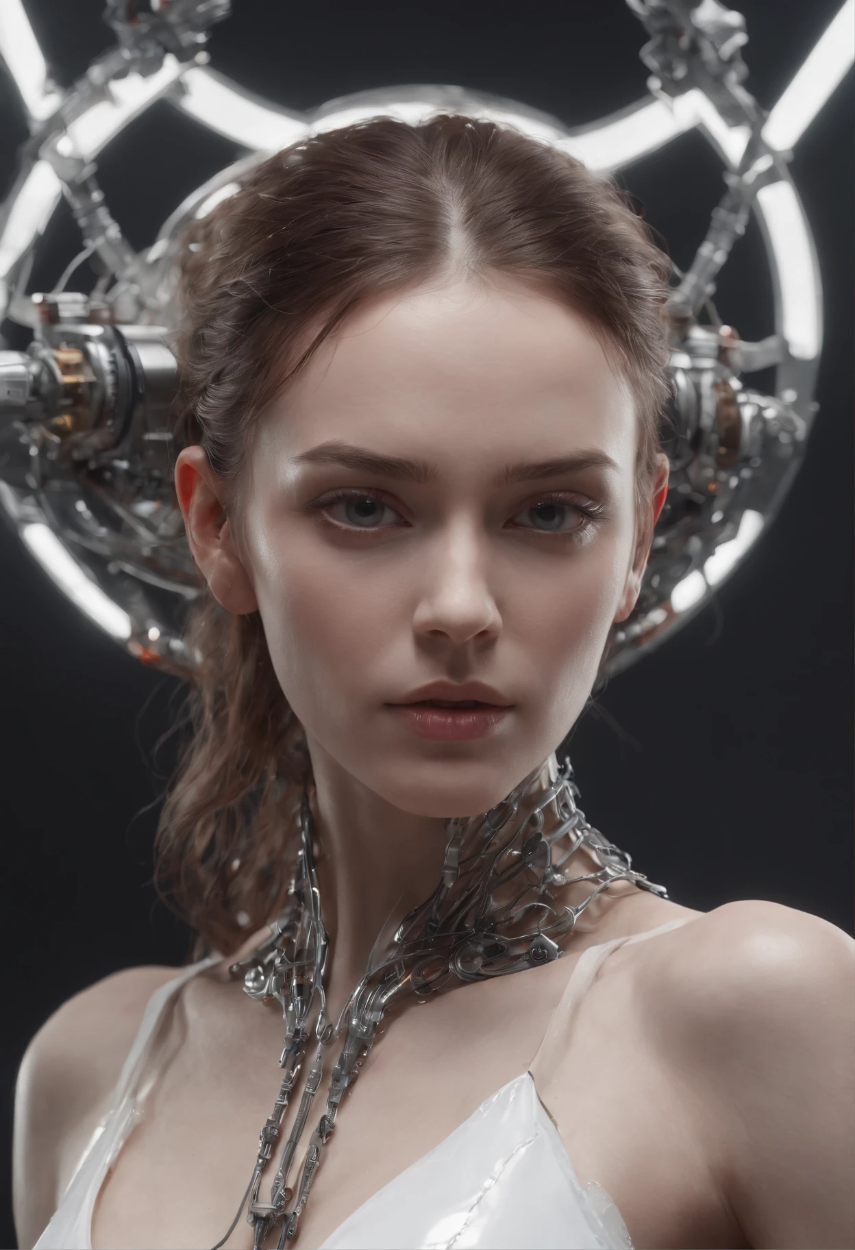 complex 3d render ultra detailed beautiful death angel, biomechanical cyborg, analog 150 mm lens, beautiful natural soft rim light, neon vein, roots, fine foliage lace, colorful details, Boris Bidjan Saberi outfit, pearl earrings, piercing, art nouveau fashion embroidered, intricate details, mesh wire, mandelbrot fractal, facial muscles, cable wires, microchip, badass, hyper realistic, ultra detailed, octane render, volumetric lighting, 8k post-production, red and white with a bit of black, detailled metalic bones, semi human, iridescent colors, Glenn Brown style, futuristic room, power of the god, high-angle shot, complex body poses