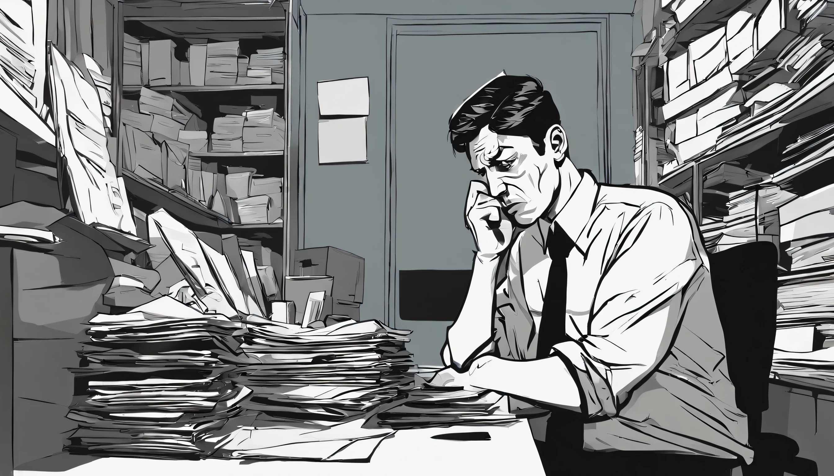 Create a high-resolution image that depicts a human with a sad expression being disrespected in their workplace. The worker is seated at a cluttered office desk, surrounded by stacks of papers and a mundane environment. Their face reflects sadness and frustration in the face of working conditions. The color palette should be gloomy, with shades of gray and dark blue, illuminating the worker's face with cold, diffused light that accentuates the expression of sadness. The lighting should emphasize the shadows in the environment, highlighting the oppressive atmosphere and the lack of respect in the workplace, Photography, wide-angle lens, --ar 16:9 --v 5.