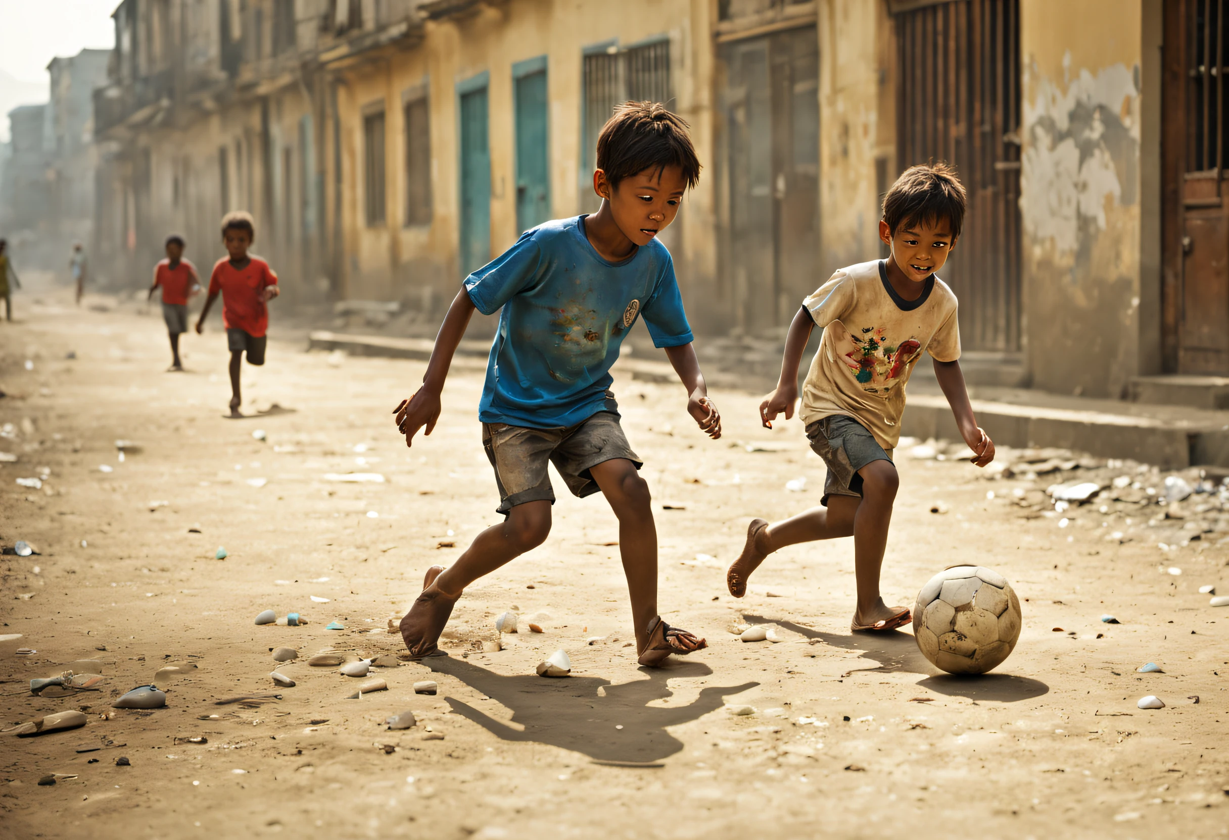 (best quality, 4k, 8k, high resolution, masterpiece: 1.2), ultra detailed, (realistic, photorealistic, photorealistic: 1.37), professional best quality, ultra detailed, realistic photography of some (poor children playing football in a large unpaved lot street: 1.32), dirty paved ground, ruined buildings in the background, dust floating in the air, vibrant colors, blurred motion, poverty, struggle, hope, life on the street. ,urban environment, sun, intense light, walls covered in graffiti, faded paint, cracks in the floor, broken glass, slight noise of passing cars, children's laughter, (improvised goal made of stones and bags: 1.32), ball of faded football, old and torn clothes, barefoot, smiles on their faces, street vendors selling snacks in the distance, lively atmosphere, vivid texture, urban decay, scattered abandoned toys, transparent shadows, energetic movements, effort and determination, community unity, passionate game, award-winning image.