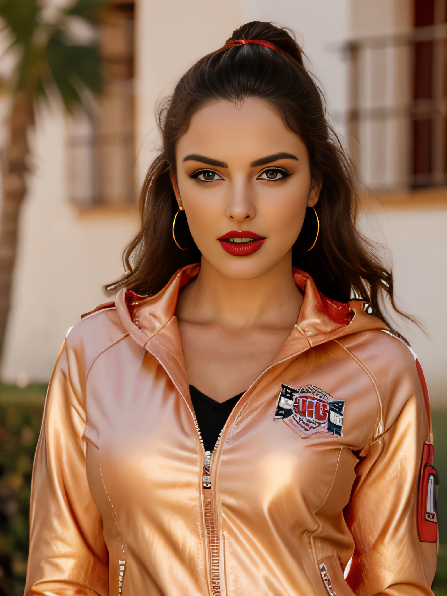 (La mejor calidad,realista:1),sexy, feliz, chaqueta color rojo, Ojos y labios detallados, Bold expression