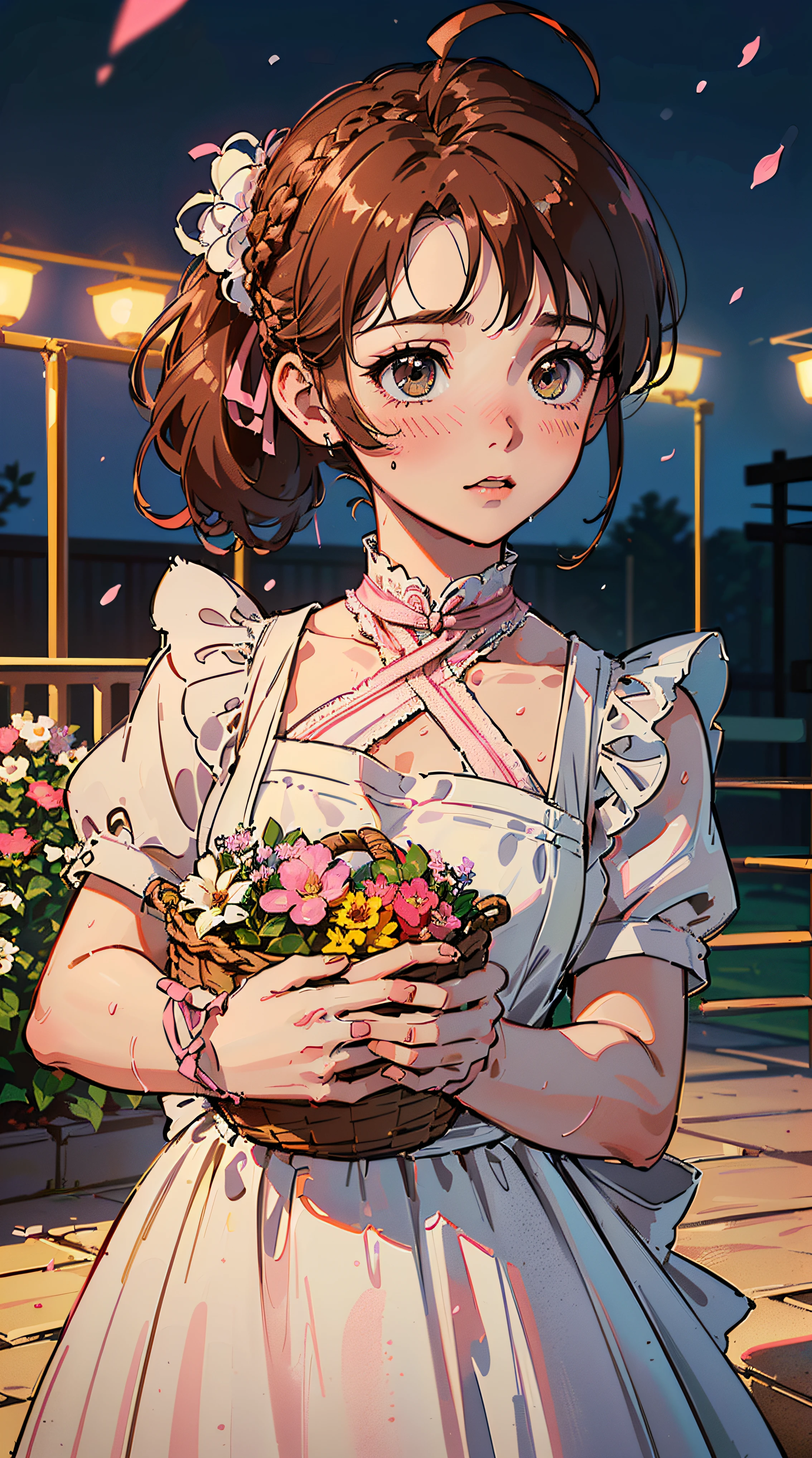 (((((((a basket of flower,Blushing,cute cheeks,brown hair，gothic maid apron with flower))))))，((1girl,Solo,-aged,ars ohort,Amag,Cute Korean mixed-race girl，rosto magro,))(Masterpiece,Best quality, offcial art, Beautiful and aesthetic:1.2),((HD,Golden ratio,)) (16k),((sakura petals,snow pieces)),(Physically-based rendering),((((on a desert,at night,)))) (((highdetailskin,)))，((hair crown)),((((detailed hairs|middle hair|french braid|knot top|soaked hair|side ponytail|ahoge)))),Slender,thicc,(masterpiece sidelighting),(The sheen),(Beautiful hair,Beautiful eyes,）[[Delicate fingers and hands:0.55]::0.85],(Detail fingers),(((Superior quality,)))),((unbelievable Ridiculous quality,)),((extremely_Detailed_Eyes_and_face)),Movie girl,(Dynamic configuration: 1.2),Brilliant, (Photorealistic), ((pink ribbon on hair)),Ultra-precise depiction, Ultra-detailed depiction