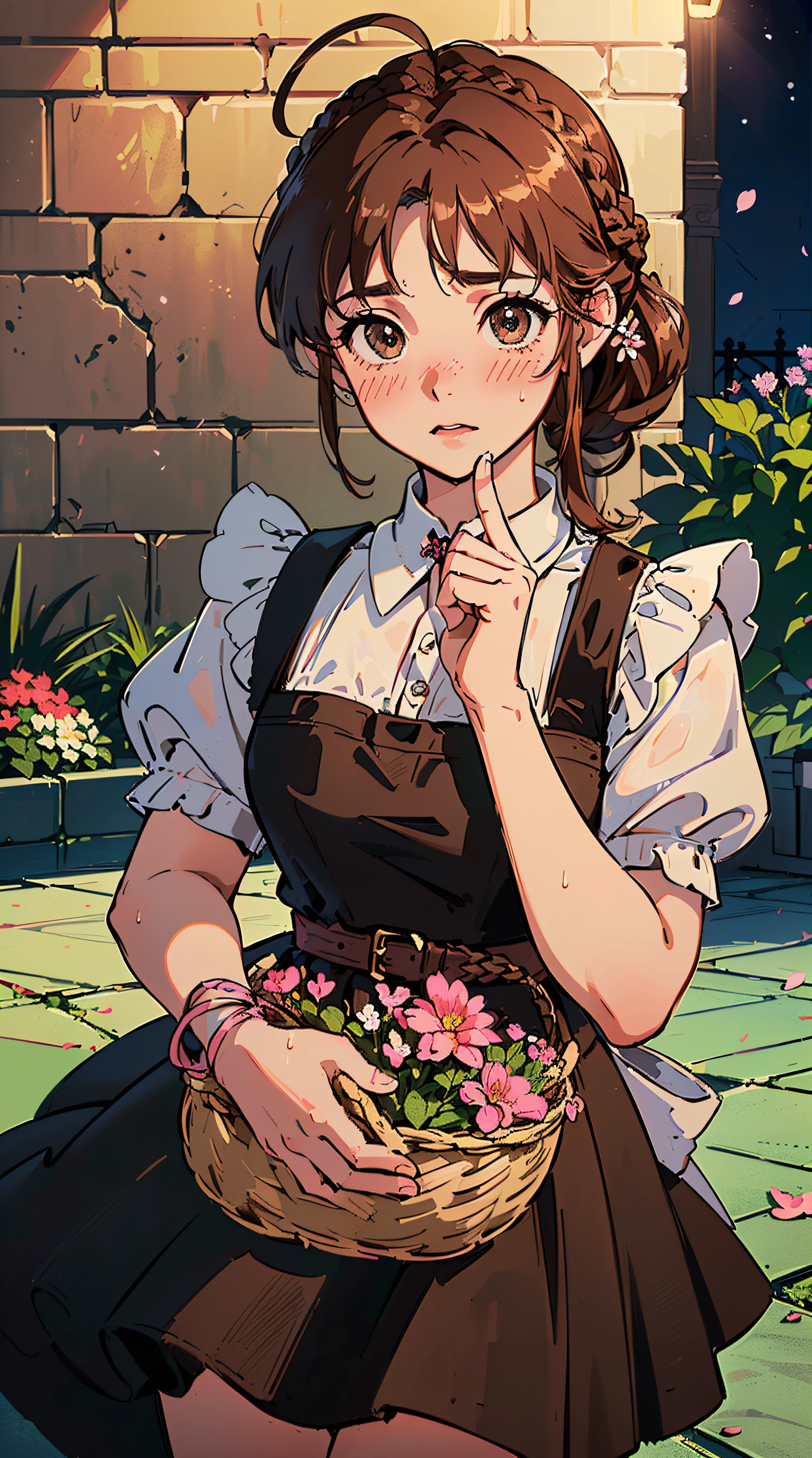 (((((((a basket of flower,Blushing,cute cheeks,brown hair，gothic maid apron with flower))))))，((1girl,Solo,under-aged,11years old,short,Amazing,Cute Korean mixed-race girl，rosto magro,))(Masterpiece,Best quality, offcial art, Beautiful and aesthetic:1.2),((HD,Golden ratio,)) (16k),((sakura petals,snow pieces)),(Physically-based rendering),((((on a desert,at night,)))) (((highdetailskin,)))，((hair crown)),((((detailed hairs|middle hair|french braid|knot top|soaked hair|side ponytail|ahoge)))),Slender,thicc,(masterpiece sidelighting),(The sheen),(Beautiful hair,Beautiful eyes,）[[Delicate fingers and hands:0.55]::0.85],(Detail fingers),(((Superior quality,)))),((unbelievable Ridiculous quality,)),((extremely_Detailed_Eyes_and_face)),Movie girl,(Dynamic configuration: 1.2),Brilliant, (Photorealistic), ((pink ribbon on hair)),Ultra-precise depiction, Ultra-detailed depiction
