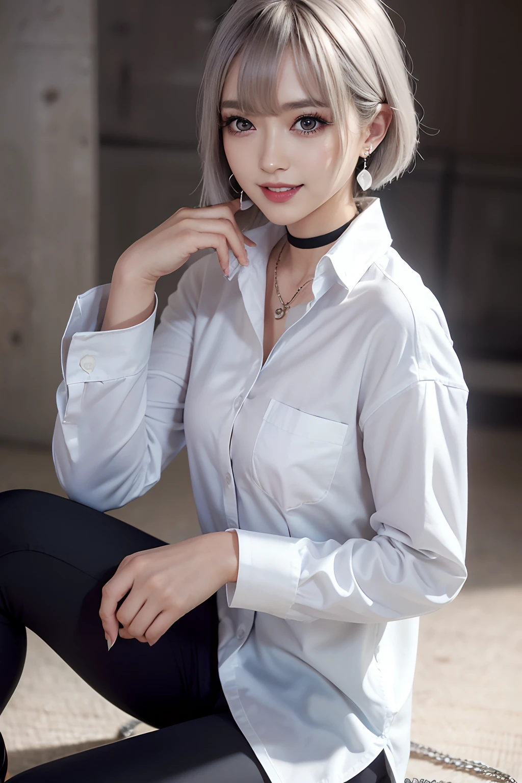 Sweet expression, lying down, White glasses, Short white hair, (8K, RAW photo, Photorealistic:1.25) ,( Gloss on lips, eyeslashes, Glossy face, Shiny skin, Best quality, Super high resolution , Depth of field, color difference, Caustics, Wide light, naturalshadow, Kpop idol) look with serenity and goddess-like bliss to the spectators, full bodyesbian, Big breasts, White underwear, Black stockings, see through shirt, White shirt, secretary