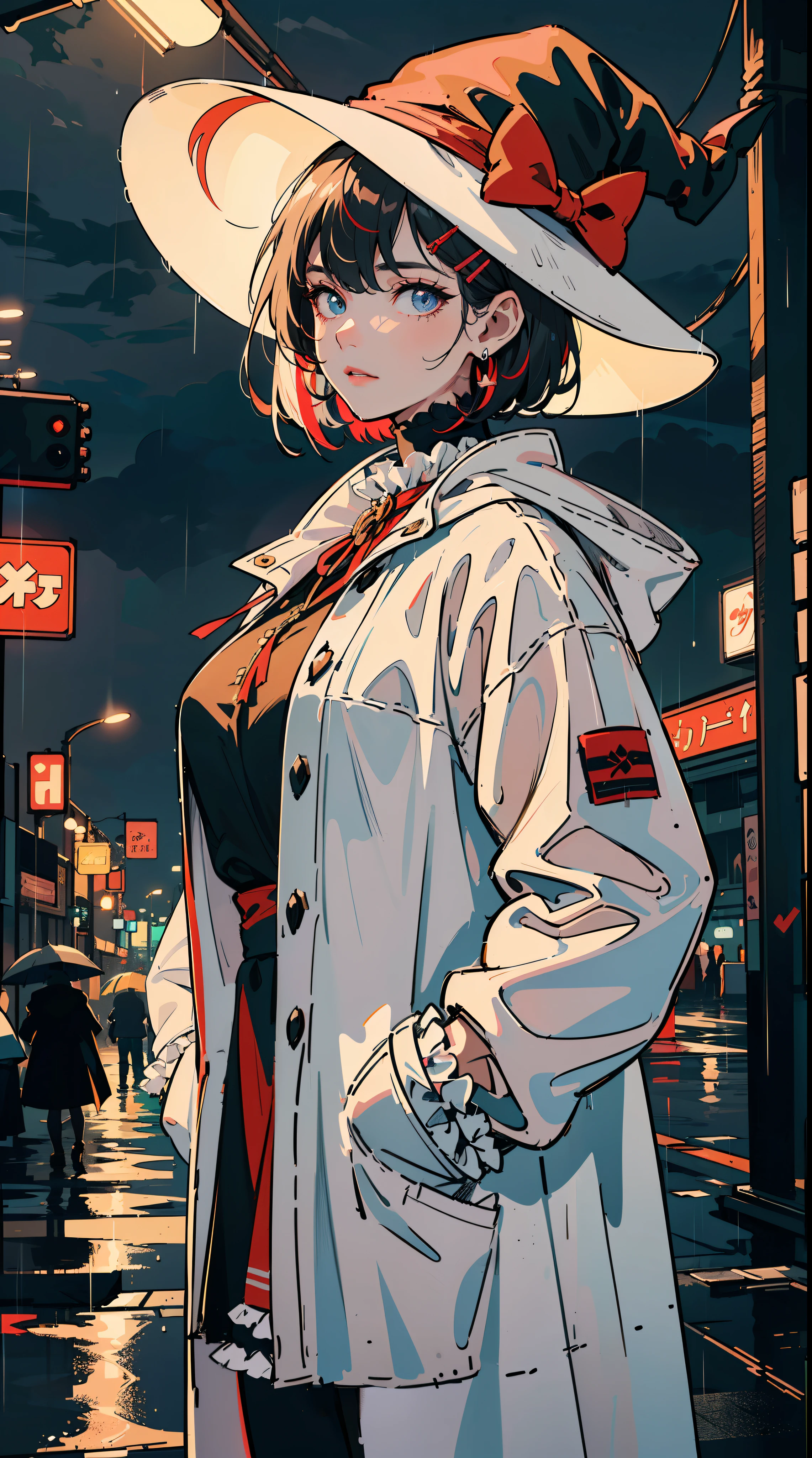 ((((frills,large black witch hat cover eyes,heavy rain,))))((hands in pockets,))(Masterpiece illustration,Beautiful and aesthetic:1.2,aim to viewers), Best quality,Top quality, Epic quality,((((rainy night in a cyberpunk city with glowing neon lights,outdoor,))))(moonlight,moon glare, god light,at night,upper upper shot,focus on face,))Neat face,underage,mature,Beautiful detailed hair,blonde hair,hyper HD, retinas, Textured skin, A high resolution, 16k ,((hairclip,steep bangs,sidelocks,short hair,bow on hair)),Detailed face, 1JK, lady,Solo, Perfect face, Very amazing girl,((,puffs sleeves,red streaked white coat,large cloak,metal earrings,spiral earrings)),rim-light