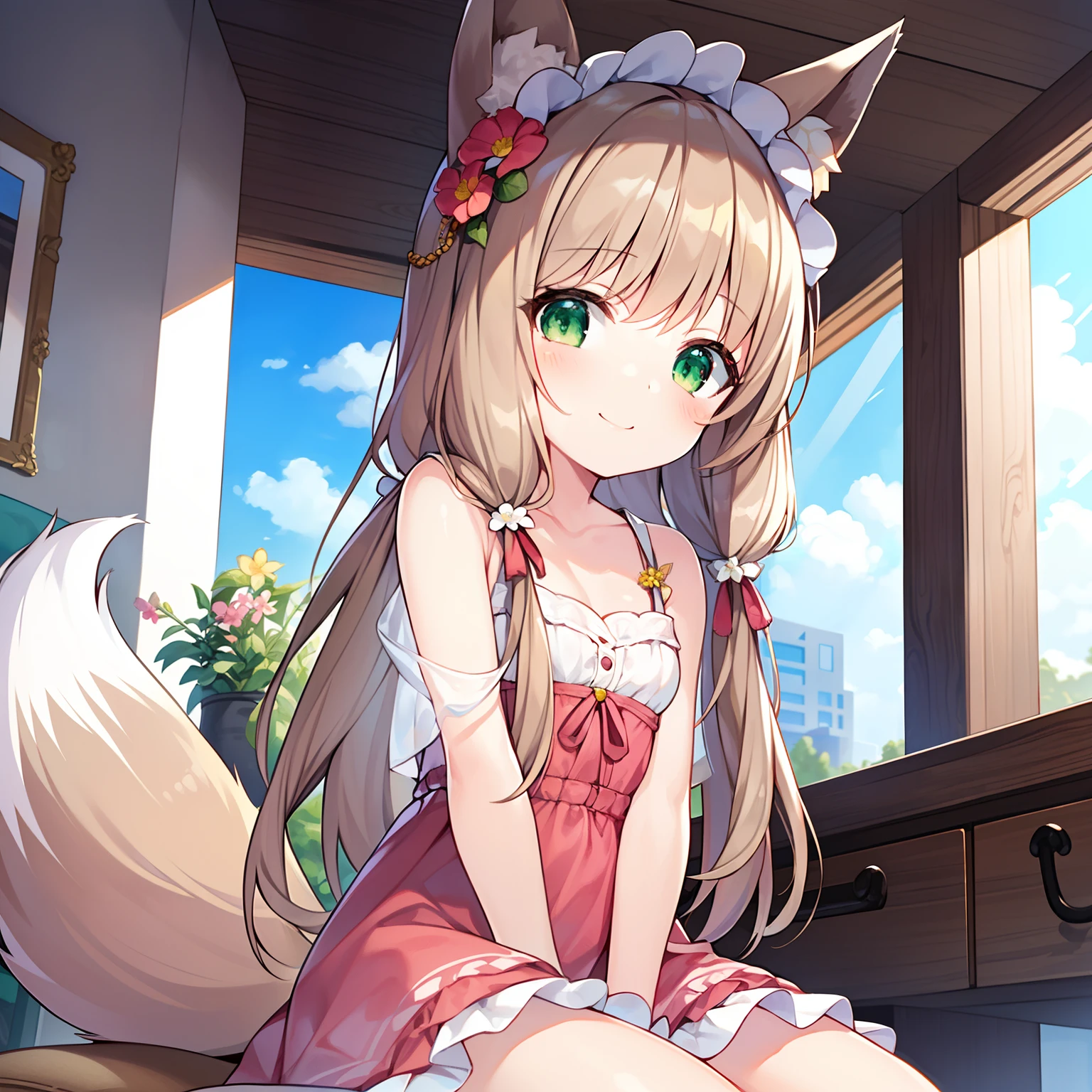 Masterpiece, Best quality, high resolution, 1girll, Solo, Oversized fox tail,(Long brown hair),Green eyes,Small flower headdress, (9 years old_Cute loli),Modern architecture,A MILF,At home,Sit on me,Dewy,ssmile,close-up from the front,