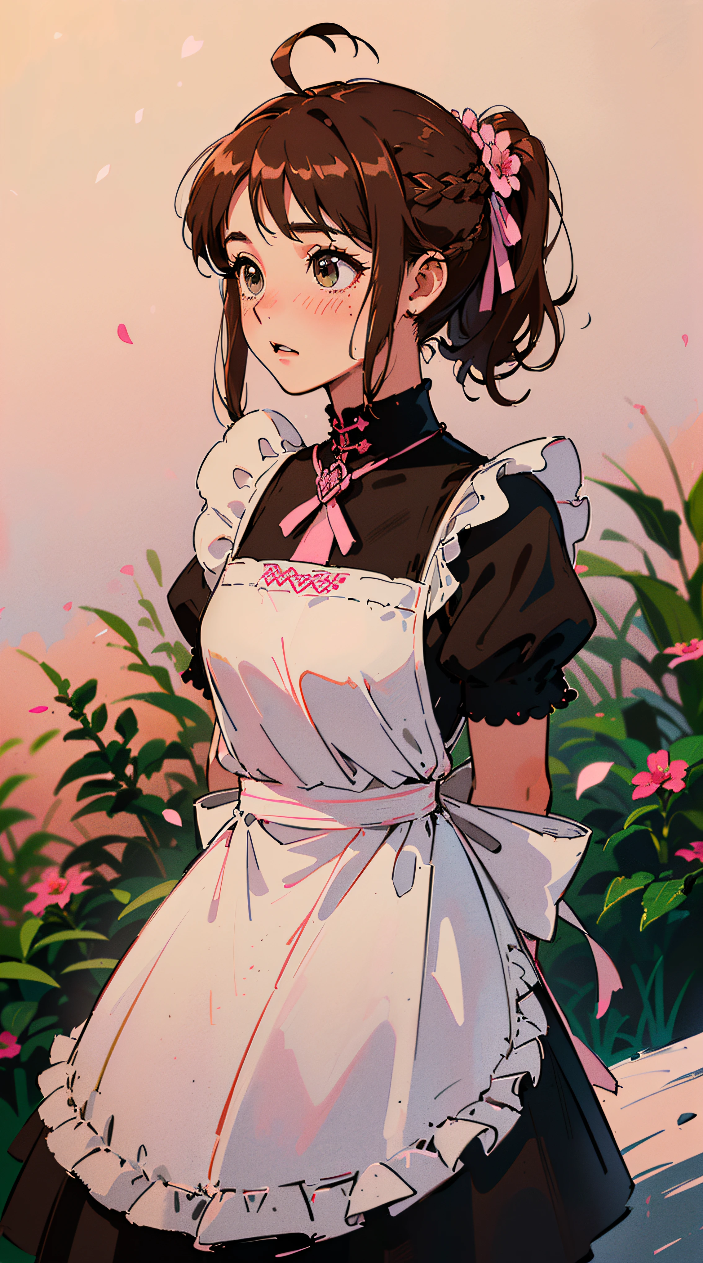 (((((((arms behind back,Blushing,cute cheeks,brown hair，gothic maid apron with flower))))))，((1girl,Solo,-aged,ars oazing,Cute Korean mixed-race girl，rosto magro,))(Masterpiece,Best quality, offcial art, Beautiful and aesthetic:1.2),((HD,Golden ratio,)) (16k),((sakura petals,snow pieces)),(Physically-based rendering),((((on a desert,at night,)))) (((highdetailskin,)))，((hair crown)),((((detailed hairs|middle hair|french braid|knot top|soaked hair|side ponytail|ahoge)))),Slender,thicc,(masterpiece sidelighting),(The sheen),(Beautiful hair,Beautiful eyes,）[[Delicate fingers and hands:0.55]::0.85],(Detail fingers),(((Superior quality,)))),((unbelievable Ridiculous quality,)),((extremely_Detailed_Eyes_and_face)),Movie girl,(Dynamic configuration: 1.2),Brilliant, (Photorealistic), ((pink ribbon on hair)),Ultra-precise depiction, Ultra-detailed depiction