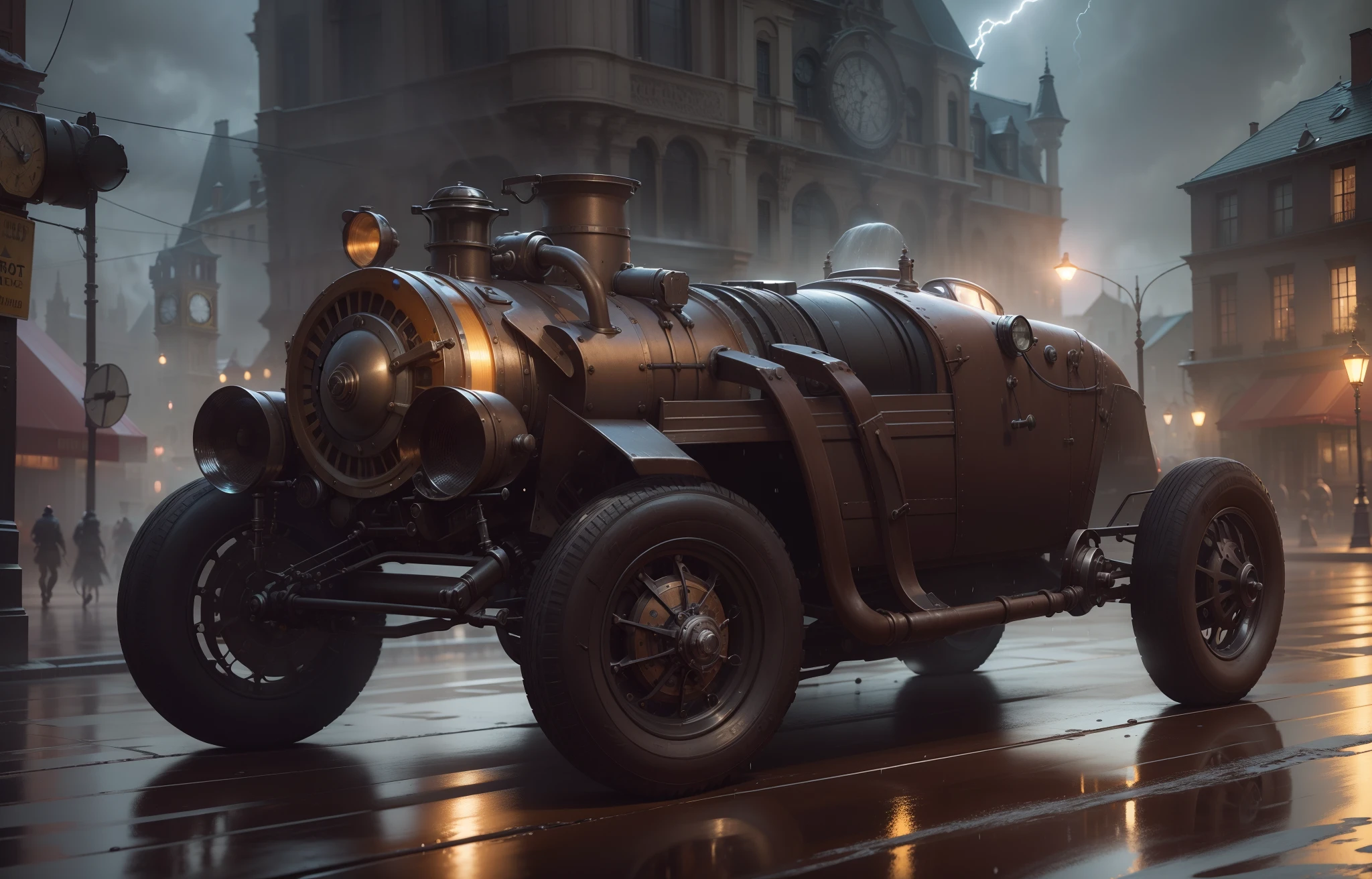 Necessidade de velocidade, steampunk vintage car preto esportivo, Headlights on running down the wet steampunk street, quase, spreading water on the steampunk street, Lightning and lightning in the sky, chuva, hyper realistic, motion blur, blurry background, Highly detailed with a large clock tower in the background, divine proportion, (((Enquadrado))), perfect composition, perfect lighting, octan render, 8k, Artistic photography, trending on ArtStation, foco nítido, Studio photo, detalhes intrincados, altamente detalhado, Directed by: Greg Rutkowski