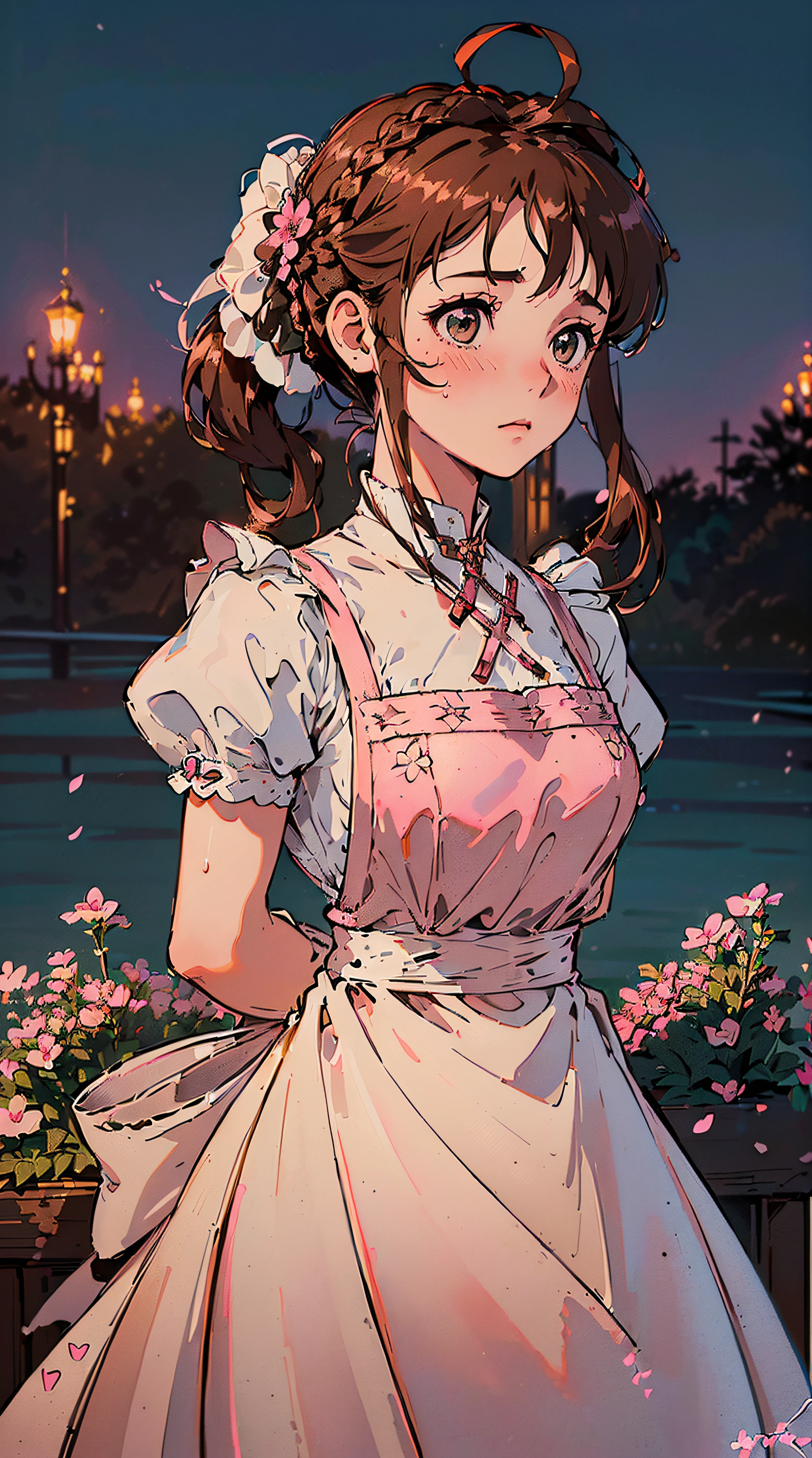 (((((((arms behind back,Blushing,cute cheeks,brown hair，gothic maid apron with flower))))))，((1girl,Solo,-aged,ars oazing,Cute Korean mixed-race girl，rosto magro,))(Masterpiece,Best quality, offcial art, Beautiful and aesthetic:1.2),((HD,Golden ratio,)) (16k),((sakura petals,snow pieces)),(Physically-based rendering),((((on a desert,at night,)))) (((highdetailskin,)))，((hair crown)),((((detailed hairs|middle hair|french braid|knot top|soaked hair|side ponytail|ahoge)))),Slender,thicc,(masterpiece sidelighting),(The sheen),(Beautiful hair,Beautiful eyes,）[[Delicate fingers and hands:0.55]::0.85],(Detail fingers),(((Superior quality,)))),((unbelievable Ridiculous quality,)),((extremely_Detailed_Eyes_and_face)),Movie girl,(Dynamic configuration: 1.2),Brilliant, (Photorealistic), ((pink ribbon on hair)),Ultra-precise depiction, Ultra-detailed depiction