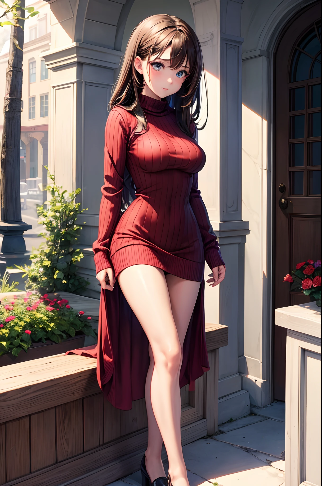 sksbrooke person, sksbrooke, (masterpiece:1.2), (best quality:1.2), perfect eyes, perfect face, 1girl, solo, brown eyes, (medium breasts), perky breasts, seductive look, red sexy virgin killer sweater dress, porch, leaning foreward, hands on knees