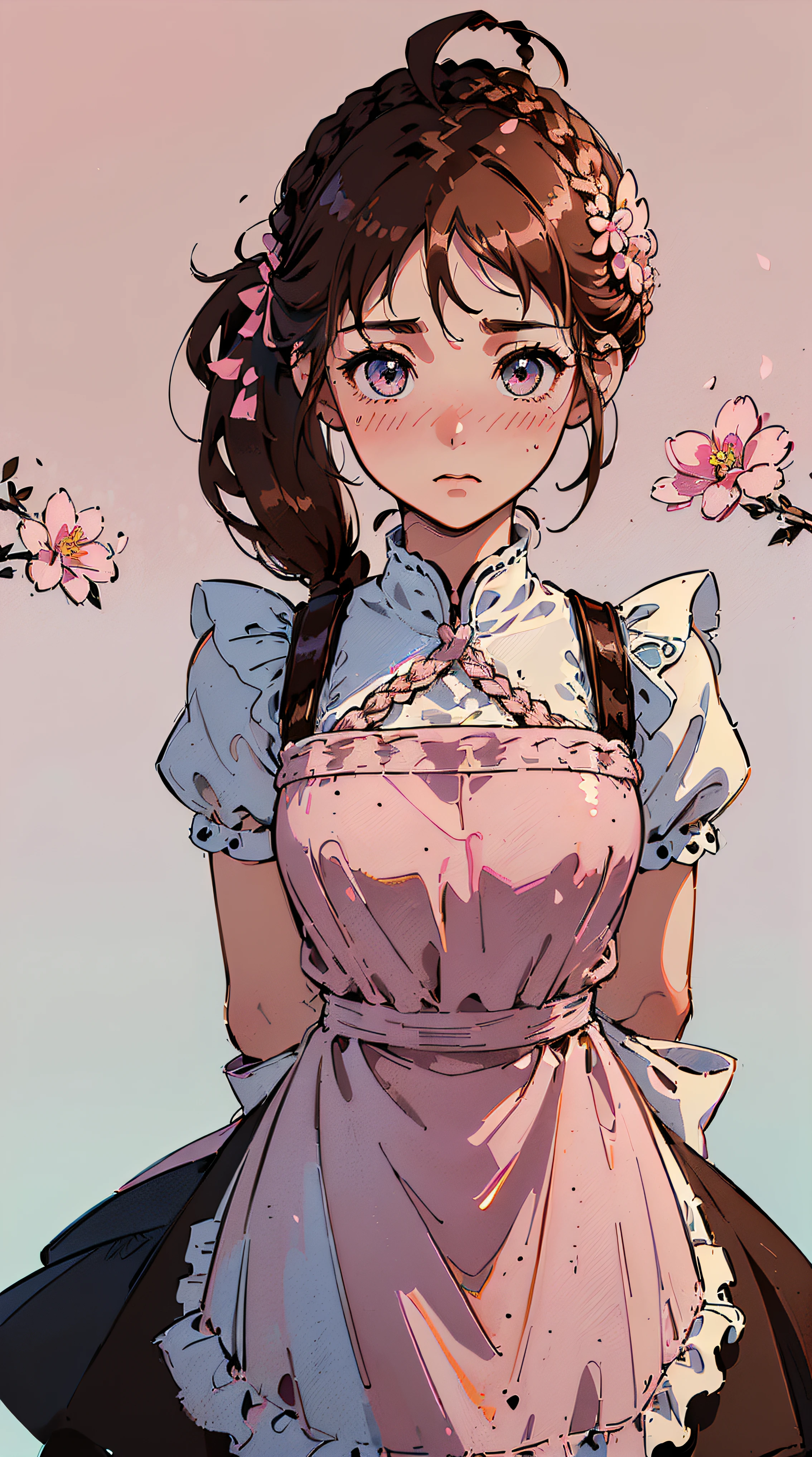 (((((((arms behind back,Blushing,cute cheeks,brown hair，gothic maid apron with flower))))))，((1girl,Solo,Amazing,Cute Korean mixed-race girl，rosto magro,))(Masterpiece,Best quality, offcial art, Beautiful and aesthetic:1.2),((HD,Golden ratio,)) (16k),((sakura petals,snow pieces)),(Physically-based rendering),((((on a desert,at night,)))) (((highdetailskin,)))，((hair crown)),((((detailed hairs|middle hair|french braid|knot top|soaked hair|side ponytail|ahoge)))),Slender,thicc,(masterpiece sidelighting),(The sheen),(Beautiful hair,Beautiful eyes,）[[Delicate fingers and hands:0.55]::0.85],(Detail fingers),(((Superior quality,)))),((unbelievable Ridiculous quality,)),((extremely_Detailed_Eyes_and_face)),Movie girl,(Dynamic configuration: 1.2),Brilliant, (Photorealistic), ((pink ribbon on hair)),Ultra-precise depiction, Ultra-detailed depiction