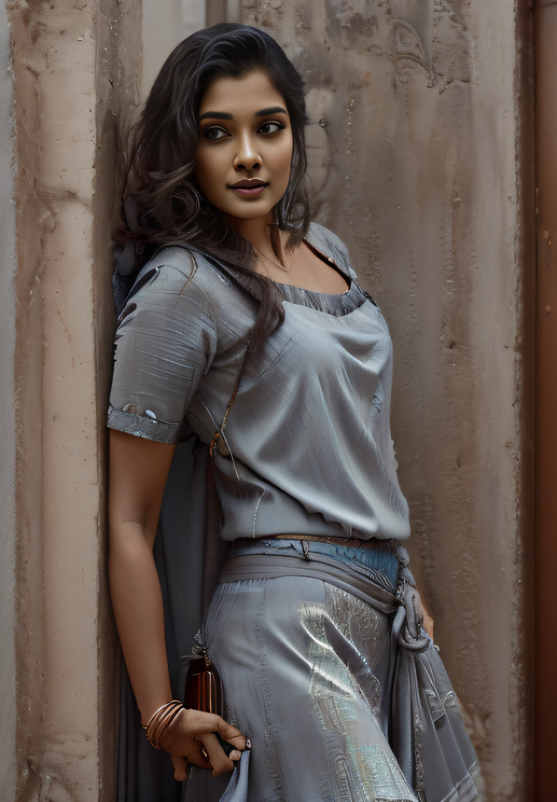 (editorial photograph of a young Indian woman), karla ortiz, (highly detailed face:1.4) (smile:0.7) (backround 5 star hotel , moody, private study:1.3) POV, by lee jeffries, nikon d850, film stock photograph ,4 kodak portra 400 ,camera f1.6 lens ,rich colors ,hyper realistic ,lifelike texture, dramatic lighting , cinestill 800, realistic, wearing gray dobby weave self design fit & flare dress Sweetheart neck Short, puff sleeve Tie-up detail on back Above knee length in flounce hem Attached Lining Chiffon fabric, actress, karla ortiz, posing!!, candid picture, by Max Dauthendey