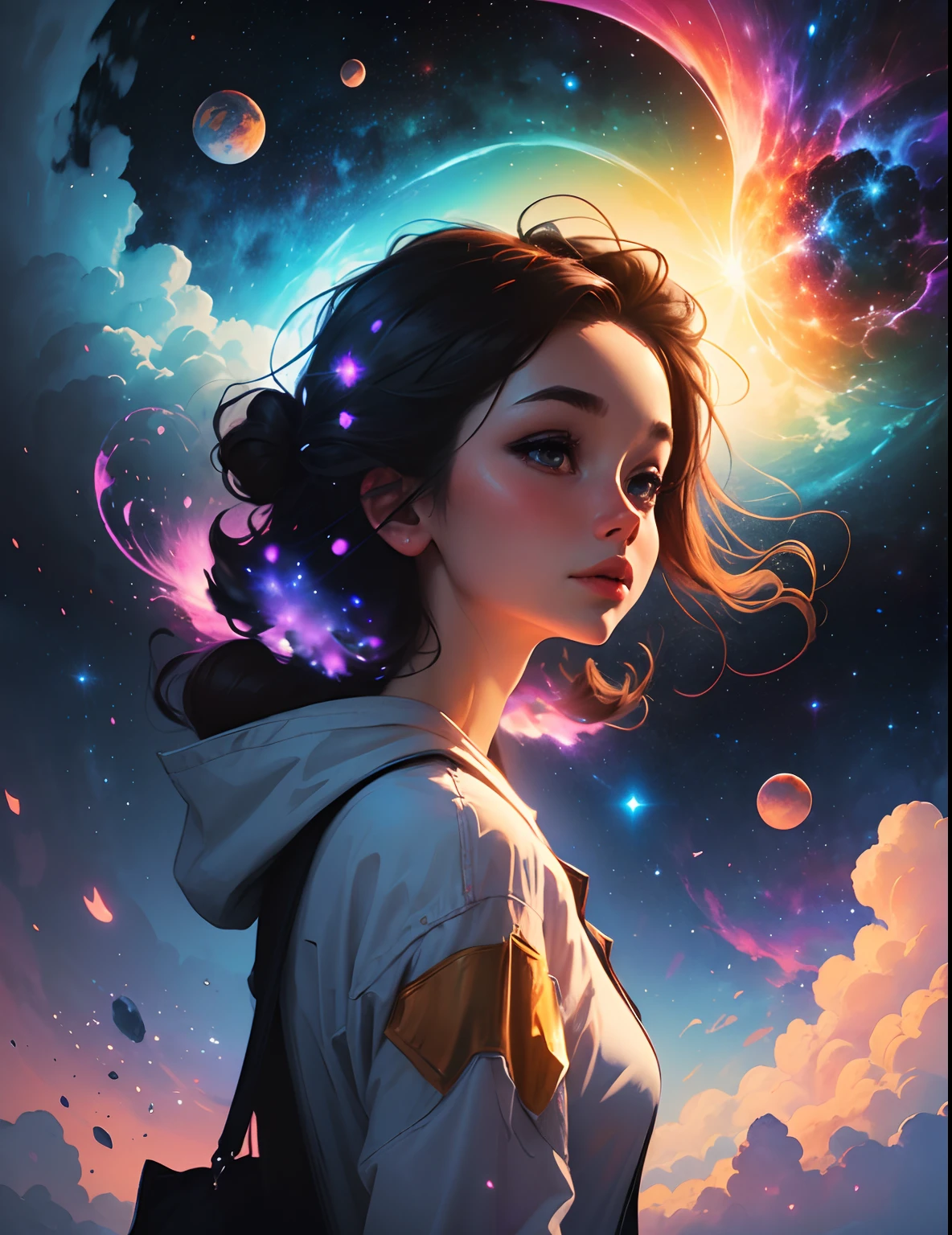 Girl standing in the clouds, stars floating around her, brilliant colors, amazing swirls of cosmic dust, colorful vibrant, light particles, water color painting, splash art,