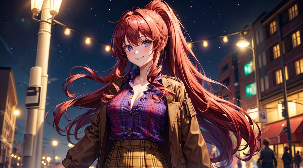 1girl, solo, full body, christmas, christmas tree, street, night, lights, giving gift, long hair, red hair, curly hair, ponytail, large breasts, button down, ((opened brown short jacket)), dark blue eyes, ((purple shirt)), checked shirt, ((unbuttoned shirt)), ((long skirt)), smile, looking at the viewer, standing