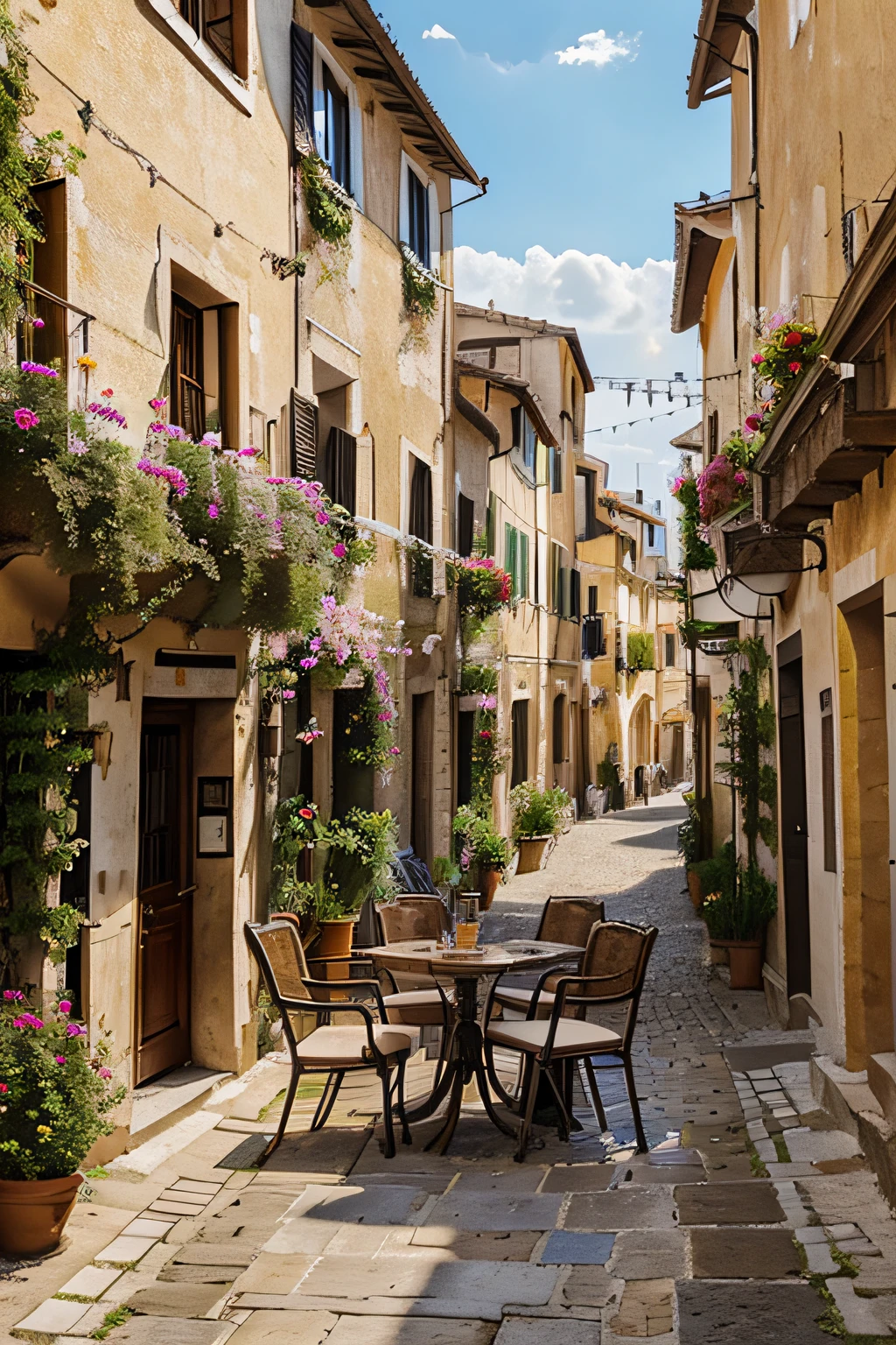 a charming italian village with cobblestone streets, on a beautiful summer afternoon with beautiful flowers in the windows of the houses, fountain, restaurants, bread shops and church with happy people, happy people, tables and chairs in the street