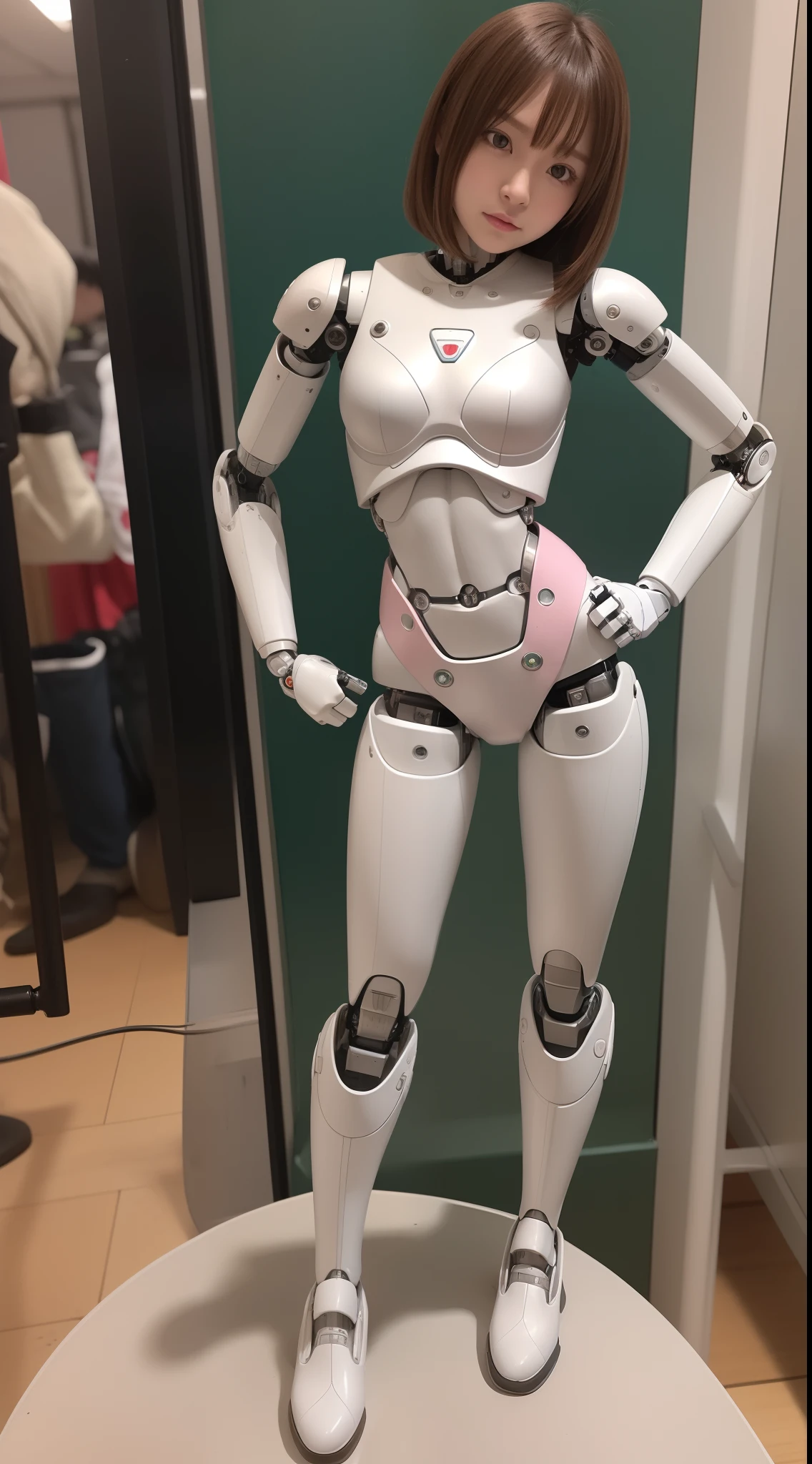 masterpiece, best quality, extremely detailed, (8K, 4K, Best Quality, Hight resolution, 超A high resolution:1.1), 8K portrait,1girl in, Japanese android girl, android teacher, control panels, android, Droid, Mechanical Hand, ,Robot arms and legs, Black hair, Mechanical body, Blunt bangs, Pink Robotics Parts, perfect robot woman, Charging spot, Long Tube, A thick cable was connected to her neck, ceramic body , android, robot humanoid, panty, full eyes, perfect mechanical body, white robotics body, future assembly plant, Pink body, She has repaired, lack sponge joints, android assembly plant, android, laboratory, platform boots, perfect machine body, white robot body