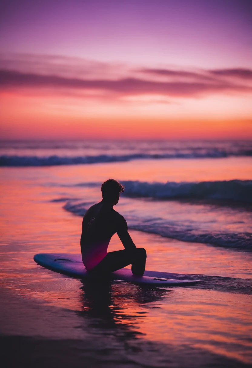 A surfer sitting on their surfboard, waiting for the perfect wave, with a backdrop of a breathtaking sunset painting the sky in hues of orange, pink, and purple