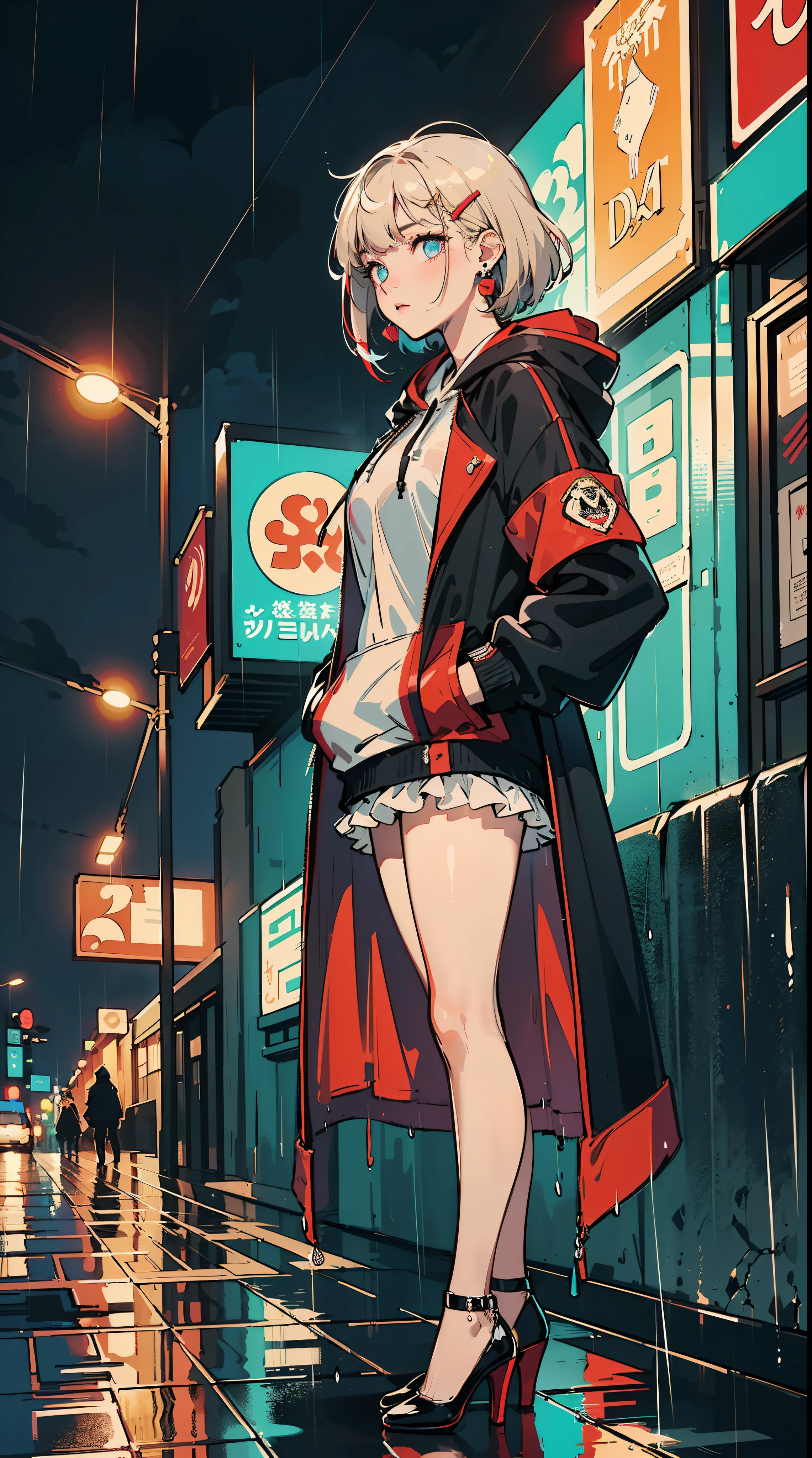 ((((frills,large black hoodie cover eyes，heavy rain,))))((hands in pockets,))(Masterpiece illustration,Beautiful and aesthetic:1.2,aim to viewers), Best quality,Top quality, Epic quality,((((rainy night in a cyberpunk city with glowing neon lights,outdoor,))))(moonlight,moon glare, god light,at night,upper upper shot,focus on face,))Neat face,underage,mature,Beautiful detailed hair，blonde hair，hyper HD, retinas, Textured skin, A high resolution, 16k ，((hairclip,steep bangs,sidelocks,short hair,bow on hair)),Detailed face, 1JK, lady,Solo, Perfect face, Very amazing girl,((high heels,puffs sleeves,red streaked black coat,large cloak,metal earrings,spiral earrings)),rim-light
