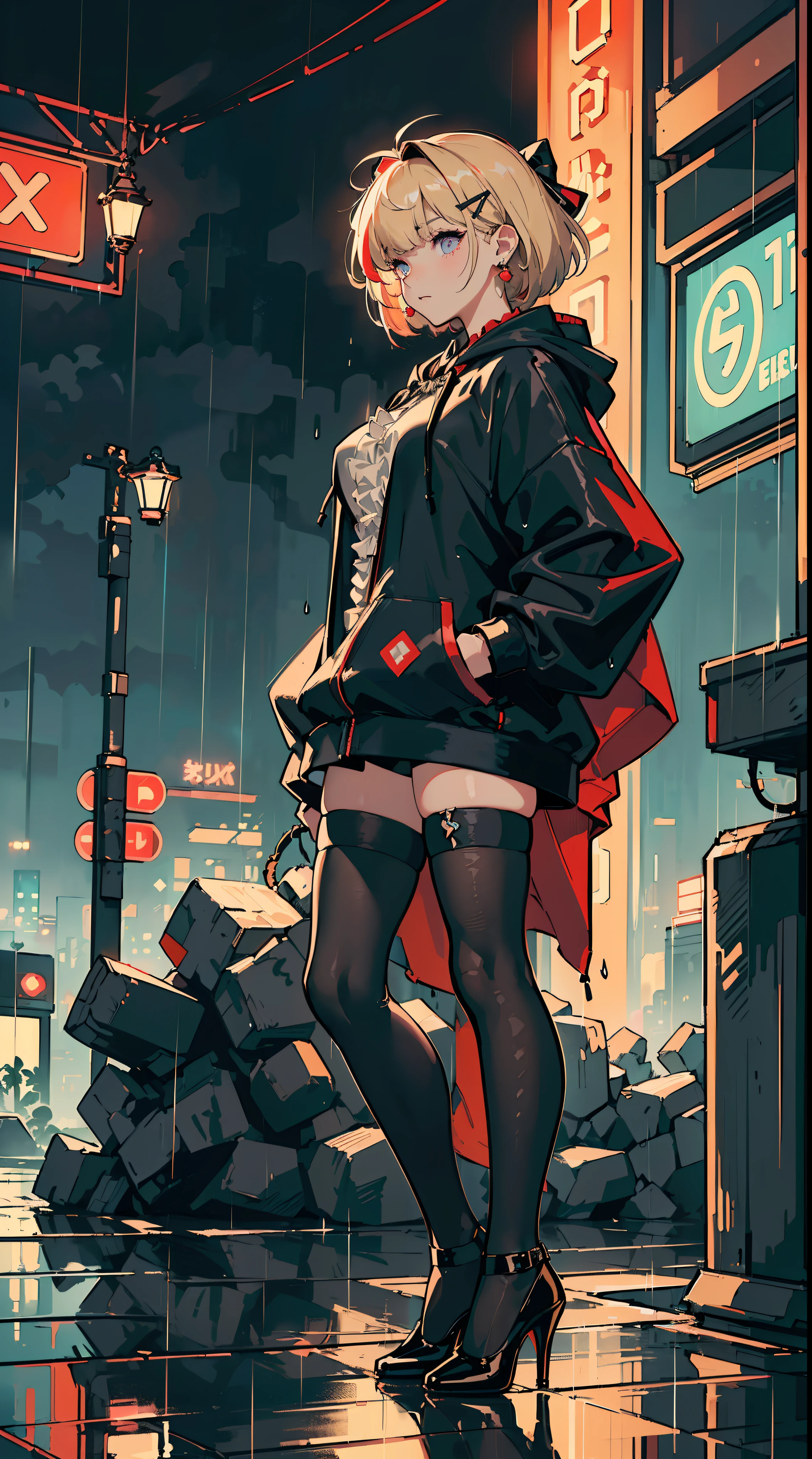 ((((frills,large black hoodie cover eyes,heavy rain,))))((hands in pockets,))(Masterpiece illustration,Beautiful and aesthetic:1.2,aim to sky), Best quality,Top quality, Epic quality,((((rainy night in a cyberpunk city with glowing neon lights,outdoor,))))(moonlight,moon glare, god light,at night,upper upper shot,focus on face,))Neat face,underage,mature,Beautiful detailed hair,blonde hair,hyper HD, retinas, Textured skin, A high resolution, 16k ,((hairclip,steep bangs,sidelocks,short hair,bow on hair)),Detailed face, 1JK, lady,Solo, Perfect face, Very amazing girl,((high heels,stockings,puffs sleeves,red streaked black coat,large cloak,metal earrings,spiral earrings)),rim-light