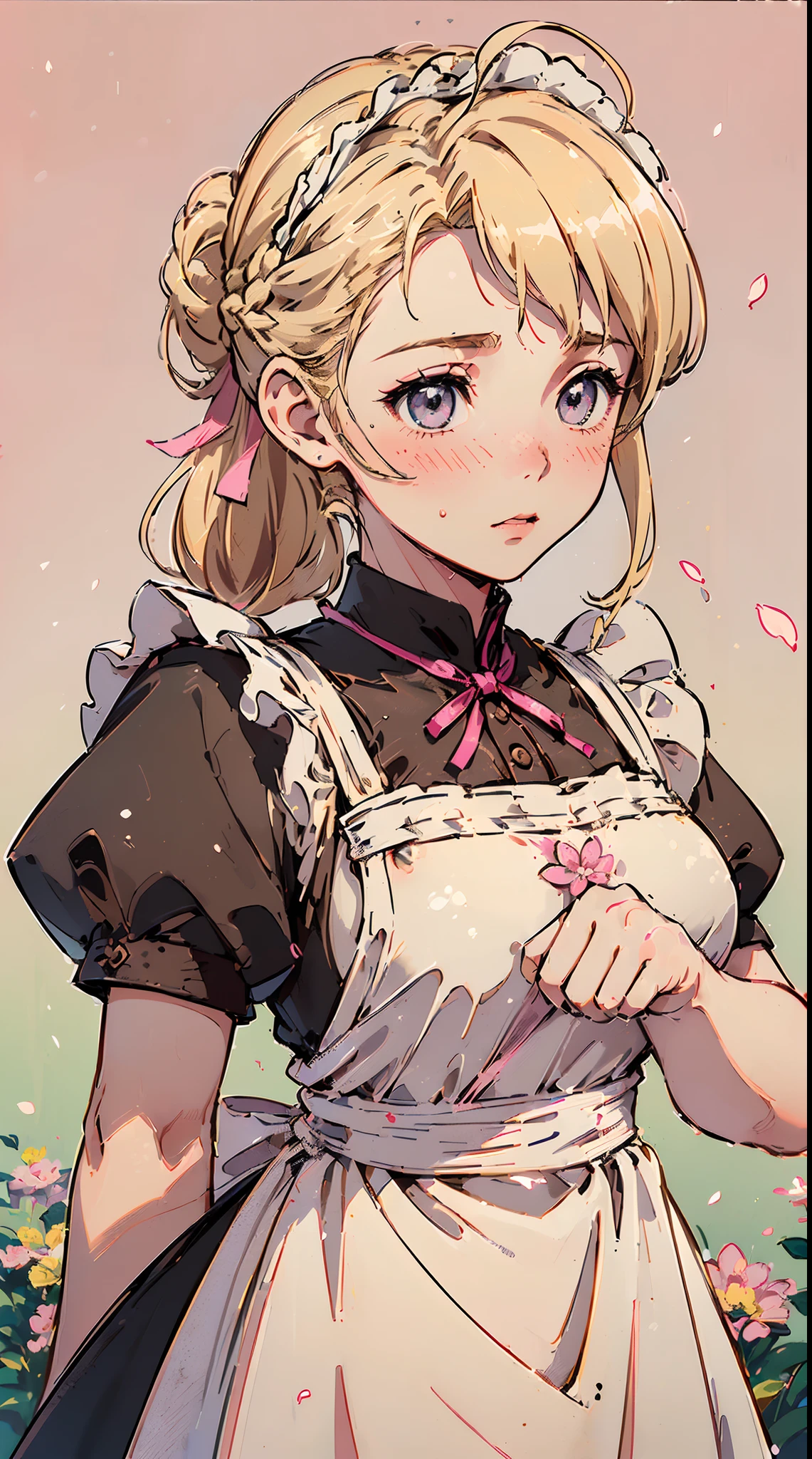 (((((((Blushing,cute cheeks,blonde hair，large maid apron with flower))))))，((1girl,Solo,Amazing,Cute Korean mixed-race girl，rosto magro,))(Masterpiece,Best quality, offcial art, Beautiful and aesthetic:1.2),((HD,Golden ratio,)) (16k),((sakura petals,snow pieces)),(Physically-based rendering),((((on a desert,at night,)))) (((highdetailskin,)))，((hair crown)),((((detailed hairs|middle hair|french braid|knot top|soaked hair|sideponytail|ahoge)))),Slender,thicc,(masterpiece sidelighting),(The sheen),(Beautiful hair,Beautiful eyes,）[[Delicate fingers and hands:0.55]::0.85],(Detail fingers),(((Superior quality,)))),((unbelievable Ridiculous quality,)),((extremely_Detailed_Eyes_and_face)),Movie girl,(Dynamic configuration: 1.2),Brilliant, (Photorealistic), ((pink ribbon on hair)),Ultra-precise depiction, Ultra-detailed depiction