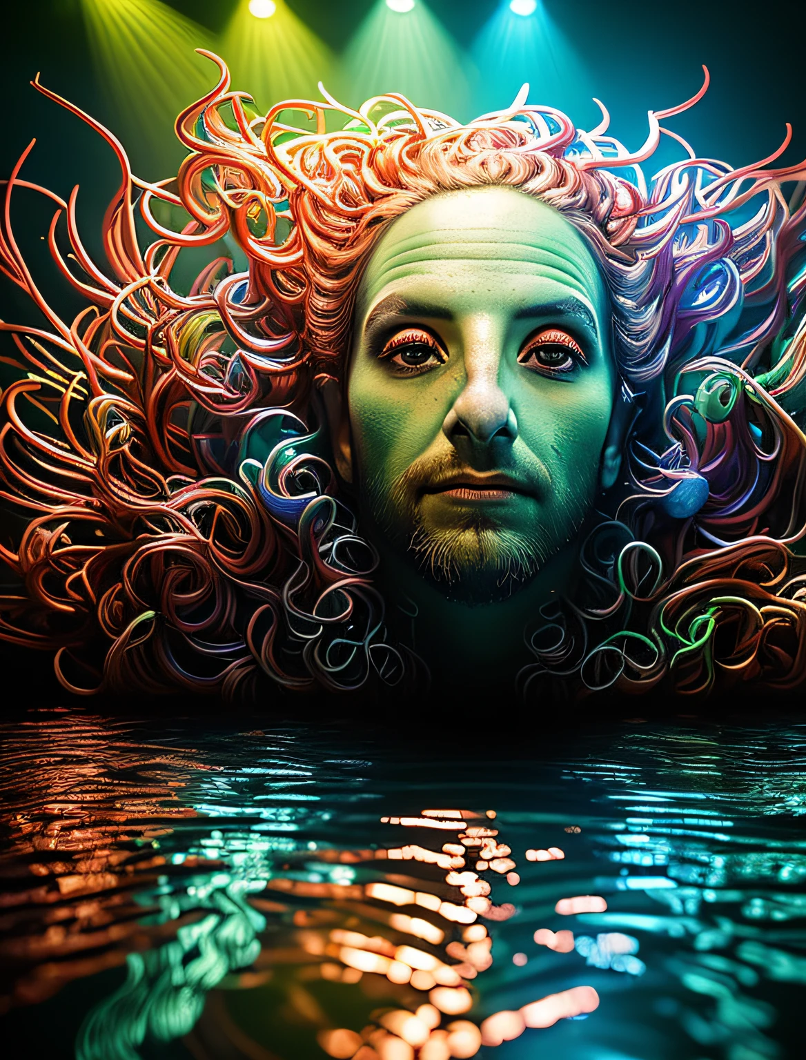 (melhor qualidade,alto,ultra-detalhado),Portrait of alien creature,tipo peixe,tamanho grande,paisagem da praia,sea of alien green water,cinco olhos brilhantes,dentes espetados,escamas escabrosa colorida,red skies,retrato,horror,artistas conceituais,vivid colors,foco nítido,studio lighting