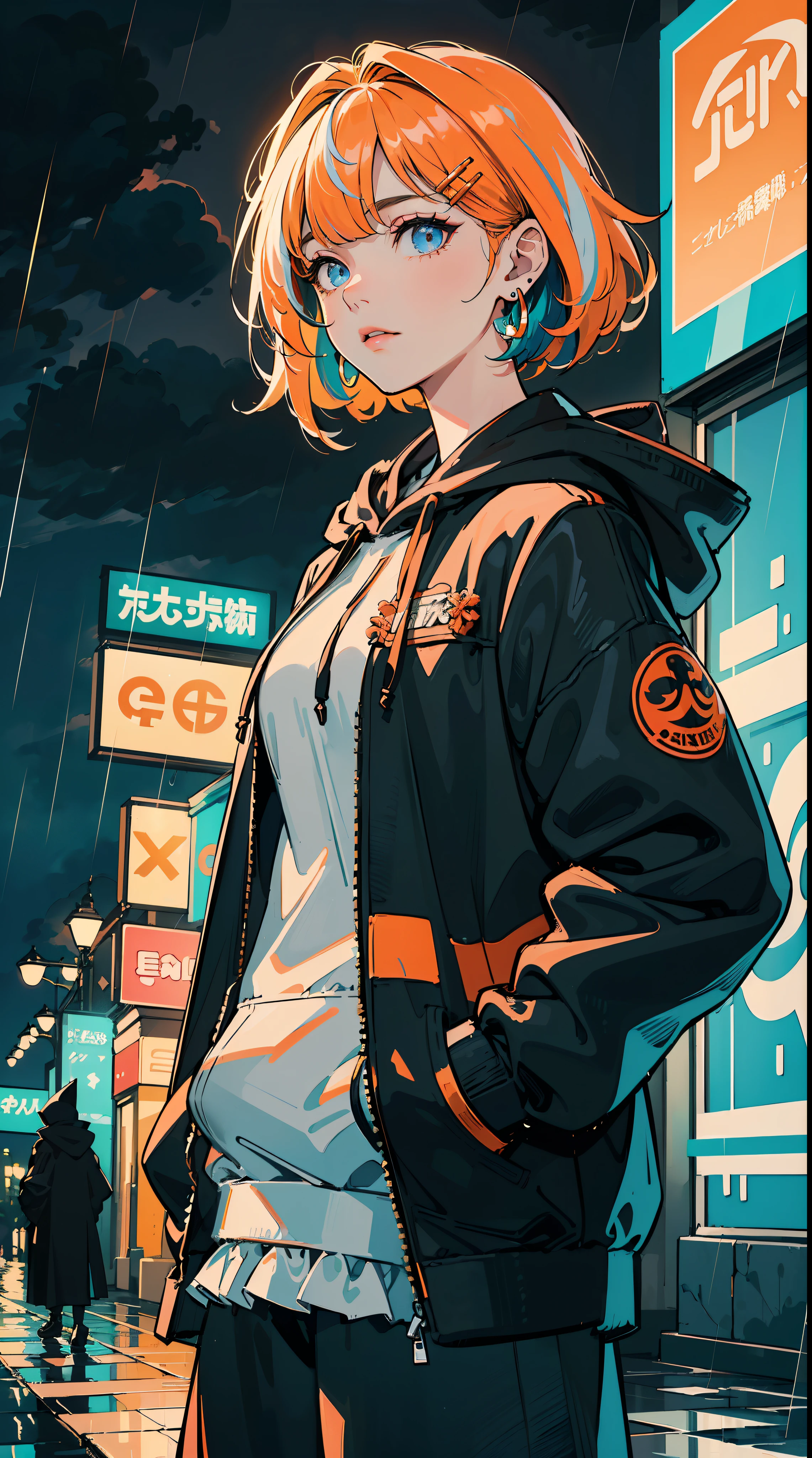 ((((frills,large black hoodie cover eyes,heavy rain,))))((hands in pockets,))(Masterpiece illustration,Beautiful and aesthetic:1.2,aim to viewers), Best quality,Top quality, Epic quality,((((valley,heavy rainy night in a cyberpunk city with glowing neon lights,outdoor,))))(moonlight,moon glare, god light,at night,upper upper shot,focus on face,))Neat face,underage,mature,Beautiful detailed hair,green hair,hyper HD, retinas, Textured skin, A high resolution, 16k ,((hairclip,blunt bangs,sidelocks,middle hair)),Detailed face, 1JK, lady,Solo, Perfect face, Very amazing girl,((bloomers,high waist skirt,orange streaked black coat,large cloak,metal earrings,spiral earrings)),rim-light