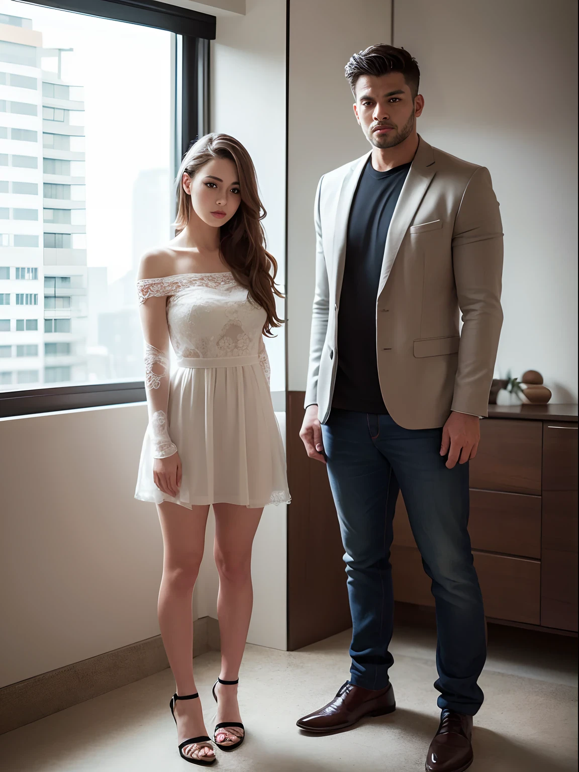 1 man, 1girl, standing beside each other, size difference, standing indoors, high rise apartment, in front of window, realistic skin, (ultra realistic, hyper realistic, detailed, high quality, 4k image quality, Amazing detailed, finely detailed, masterpiece, best quality: 1.5), looking at camera, full body