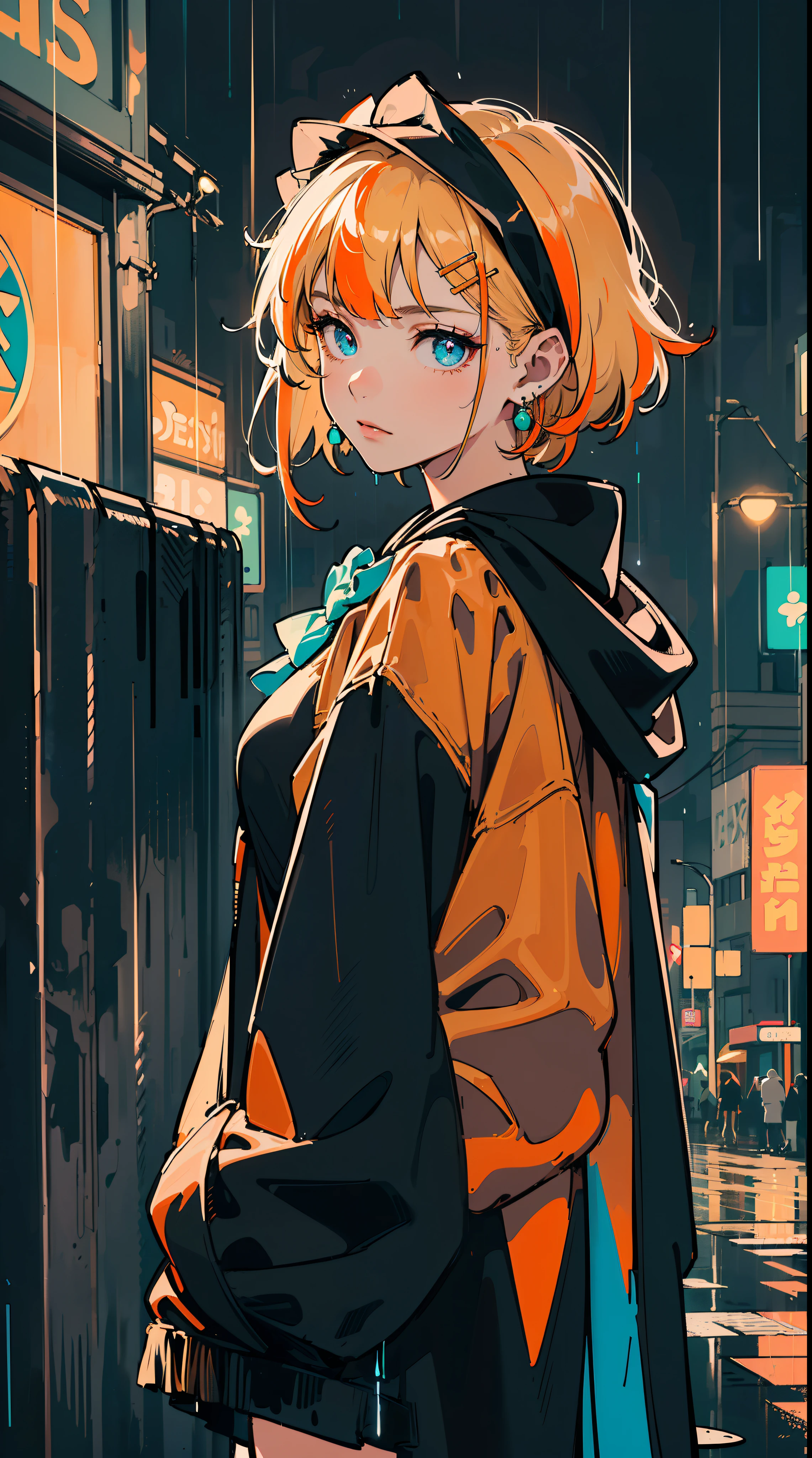 ((((frills,large black hoodie cover eyes,heavy rain,))))((hands in pockets,))(Masterpiece illustration,Beautiful and aesthetic:1.2,aim to viewers), Best quality,Top quality, Epic quality,((((valley,heavy rainy night in a cyberpunk city with glowing neon lights,outdoor,))))(moonlight,moon glare, god light,at night,upper upper shot,focus on face,))Neat face,underage,mature,Beautiful detailed hair,blonde hair,hyper HD, retinas, Textured skin, A high resolution, 16k ,((hairclip,steep bangs,sidelocks,short hair,bow on hair)),Detailed face, 1JK, lady,Solo, Perfect face, Very amazing girl,((,puffs sleeves,orange streaked black coat,large cloak,metal earrings,spiral earrings)),rim-light
