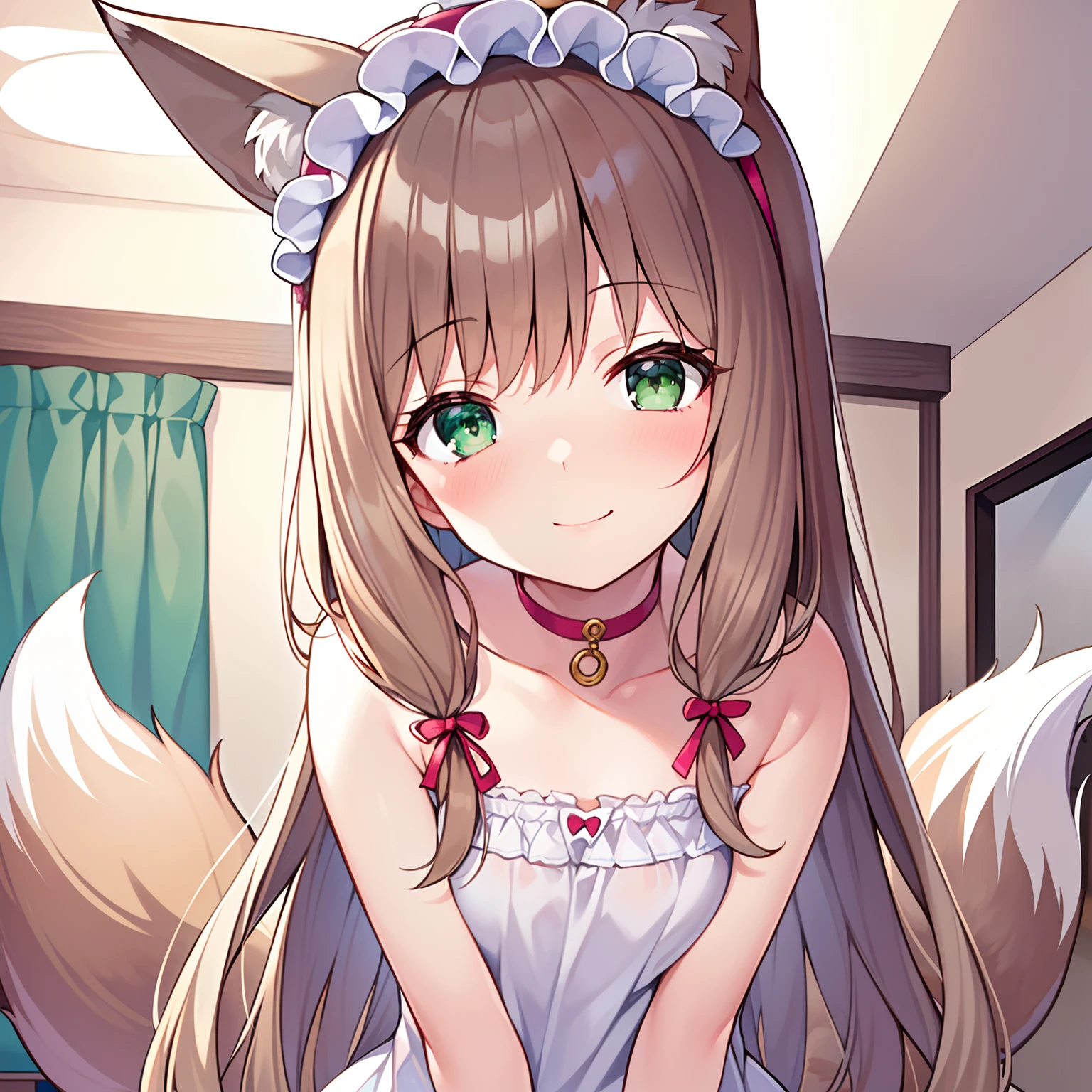 Masterpiece, Best quality, high resolution, 1girll, Solo, Oversized fox tail，(Long brown hair)，Green eyes，Small flower headdress, (9 *********_Cute loli)，Modern architecture，A MILF，At home，I slept in bed，The girl climbed on top of me_Night raids，ssmile，I'm below_Girl on top visual，