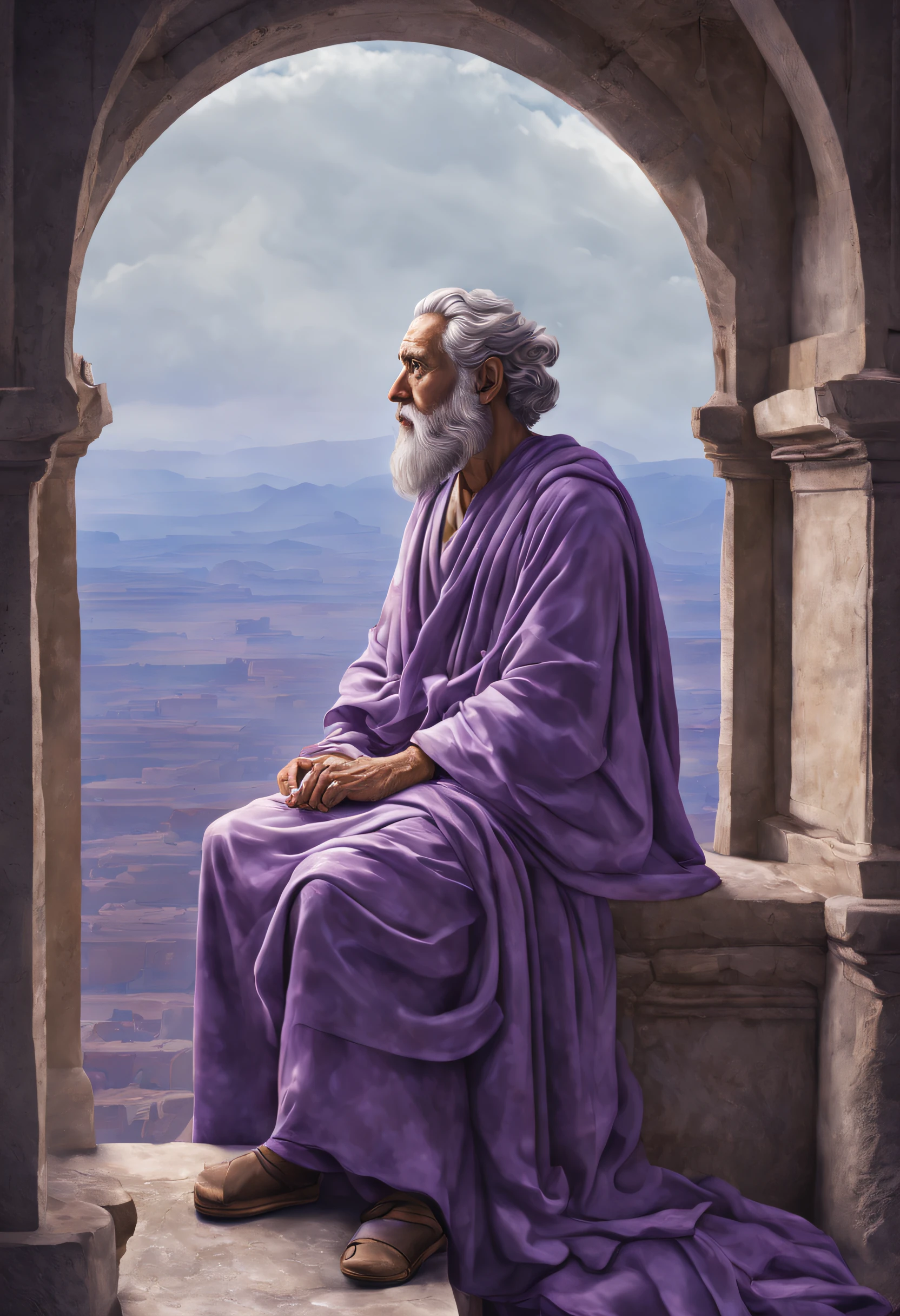 Create a high-resolution image of a stoic, serious, and serene being in a historical setting that represents strength and wisdom. The character is atop an ancient observation tower, surrounded by telescopes and astronomical instruments. The horizon displays a vast historical landscape with cities and monuments. The color palette should convey serenity, with shades of violet and silver, highlighting the character's face with soft light that enhances the wise expression. The setting suggests the pursuit of knowledge and the contemplation of the stars, Photography, wide-angle lens, --ar 16:9 --v 5.
