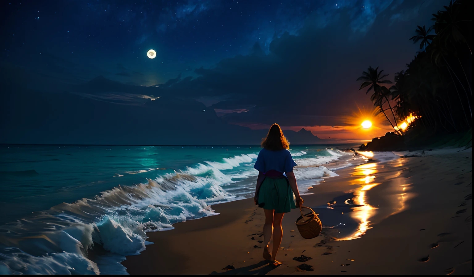 Arafed woman walking on the beach at night with a basket - SeaArt AI