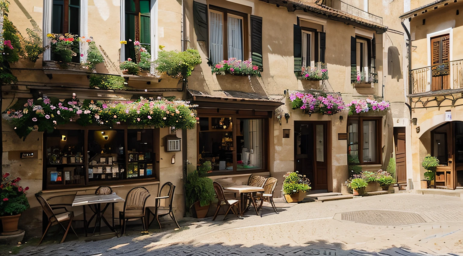 a charming italian village with cobblestone streets, on a beautiful summer afternoon with beautiful flowers in the windows of the houses, fountain, lake medium, restaurants, bread shops and church with happy people, happy people, tables and chairs in the street