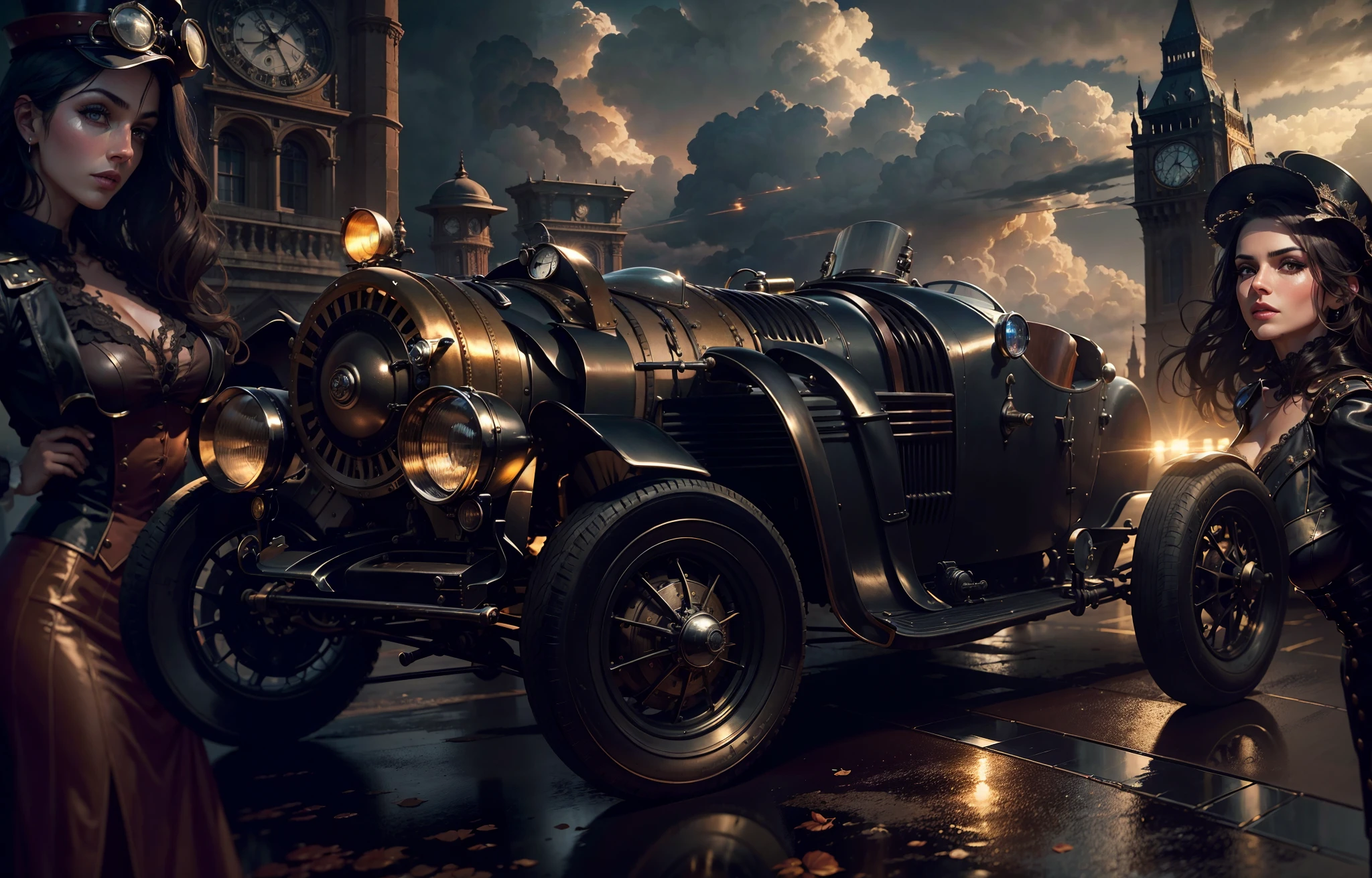 Um carro esportivo vintage preto steampunk, with all three headlights on, acelera a toda velocidade por uma rua steampunk molhada. Behind are two extremely beautiful and seductive steampunk pilots, The water is all over the ground, criando um rastro de espuma. The sky is dark and stormy, with lightning and thunder. The background is blurred, Mas um grande, Well-lit clock tower can be seen in the distance. The car is highly detailed, with polished metal parts and shiny glazing. The clock tower is also detailed, com engrenagens e ponteiros bem esculpidos. The lighting is perfect, creating a dramatic contrast between the dark car and the stormy sky. The image is an artistic photograph in 8K, renderizada com Octane. It's perfectly composed and framed, with a divine proportion. The focus is sharp, Highlighting the intricate details of the car and clock tower. Image is directed by Greg Rutkowski, um artista conhecido por suas pinturas e fotografias steampunk.