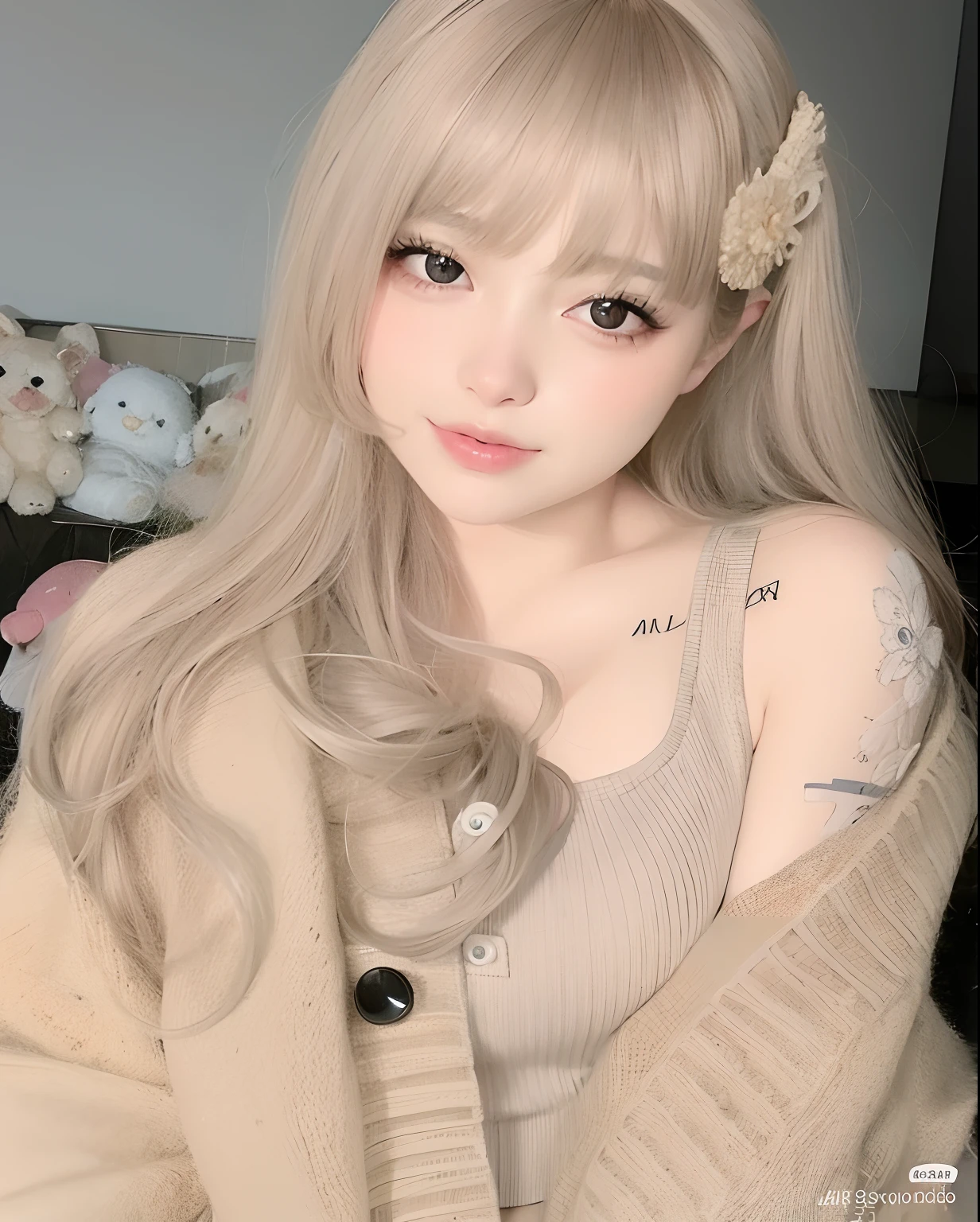 um close up de uma pessoa com cabelos longos e uma camisola, Ulzzang, cabelo bege, kawaii retrato realista, com cabelos longos e olhos penetrantes, menina kawaii bonito, branco hime corte penteado, longos cabelos loiros e olhos grandes, Menina anime na vida real, com cabelos longos brancos, cabelos longos com franja, bonito rosto de anime natural, longos cabelos loiros e olhos grandes