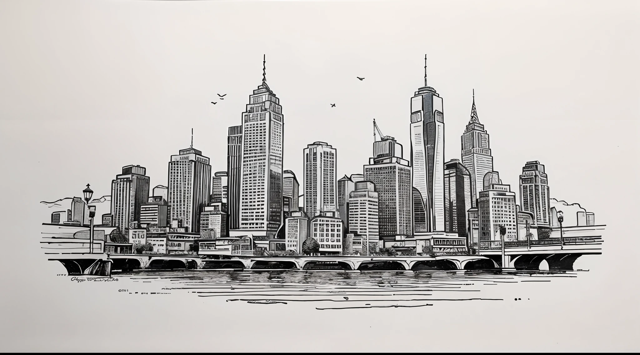 Ink paint cartoon of a city scape