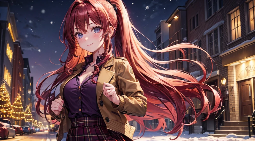1girl, solo, full body, christmas, ((christmas tree)), street, night, lights, snow, giving gift, long hair, red hair, curly hair, ponytail, large breasts, button down, ((opened brown short jacket)), dark blue eyes, ((purple shirt)), checked shirt, ((unbuttoned shirt)), ((long skirt)), smile, looking at the viewer, standing