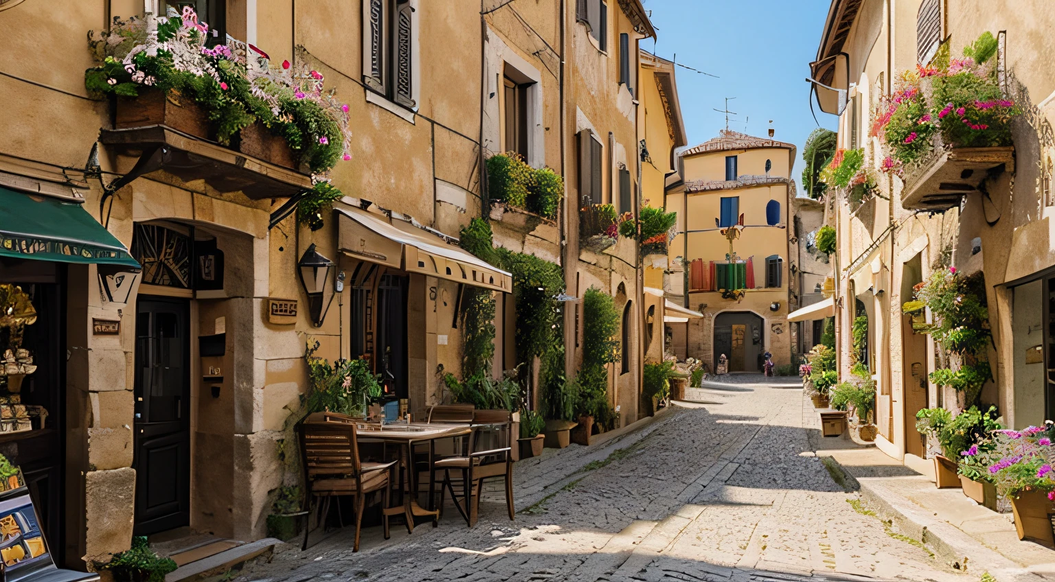 a charming italian village with cobblestone streets, on a beautiful summer afternoon with beautiful flowers in the windows of the houses, fountain, lake medium, restaurants, bread shops and church with happy people, happy people, tables and chairs in the street