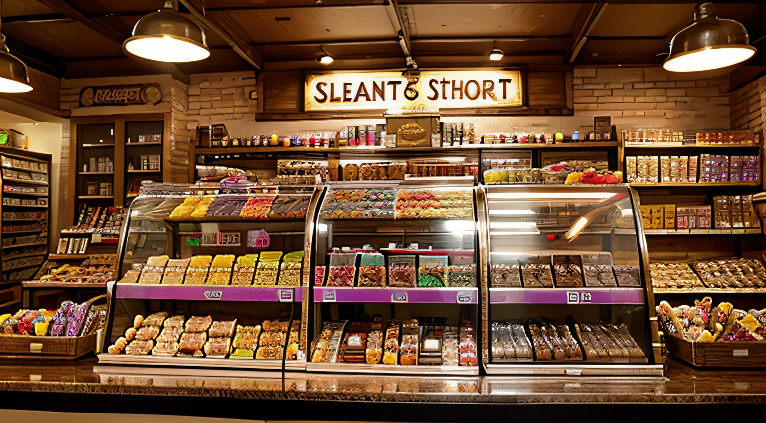 old candy store with glass counter, lots of sweets, people buying sweets, scales for weighing products,