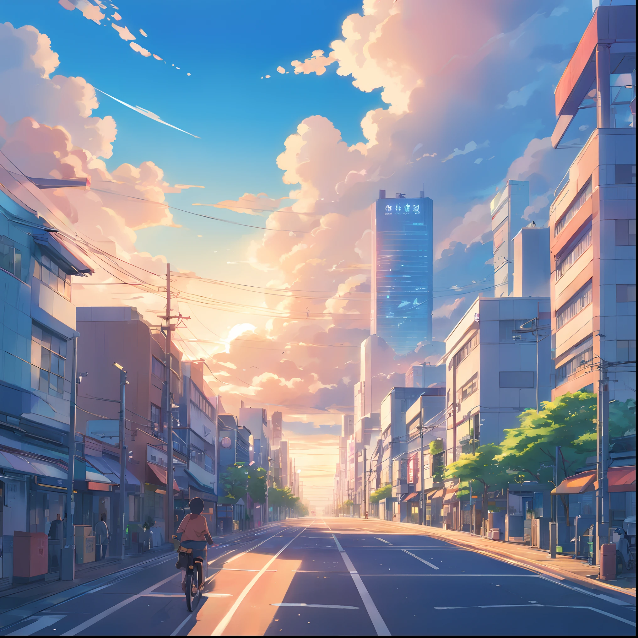 Anime city street scene with a person riding a bicycle on the road, hd anime cityscape, Anime Background Art, anime style cityscape, Anime art wallpaper 8k, anime style 4 k, in the style of makoto shinkai, Beautiful anime scenery, anime wallpaper 4 k, anime wallpaper 4k, anime art wallpaper 4k, anime art wallpaper 4k, Tokyo Anime Scene　after rain